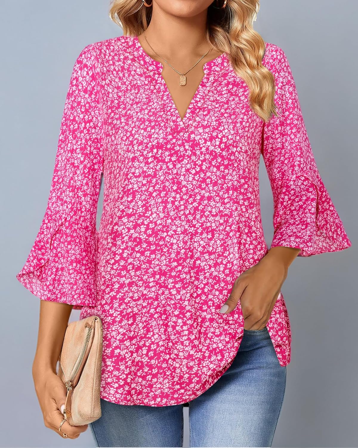 Gaharu Women's Work Blouses Ruffle 3/4 Sleeve Dressy Top V Neck Casual Chiffon Tunic Blouses Business Shirts - Image 6