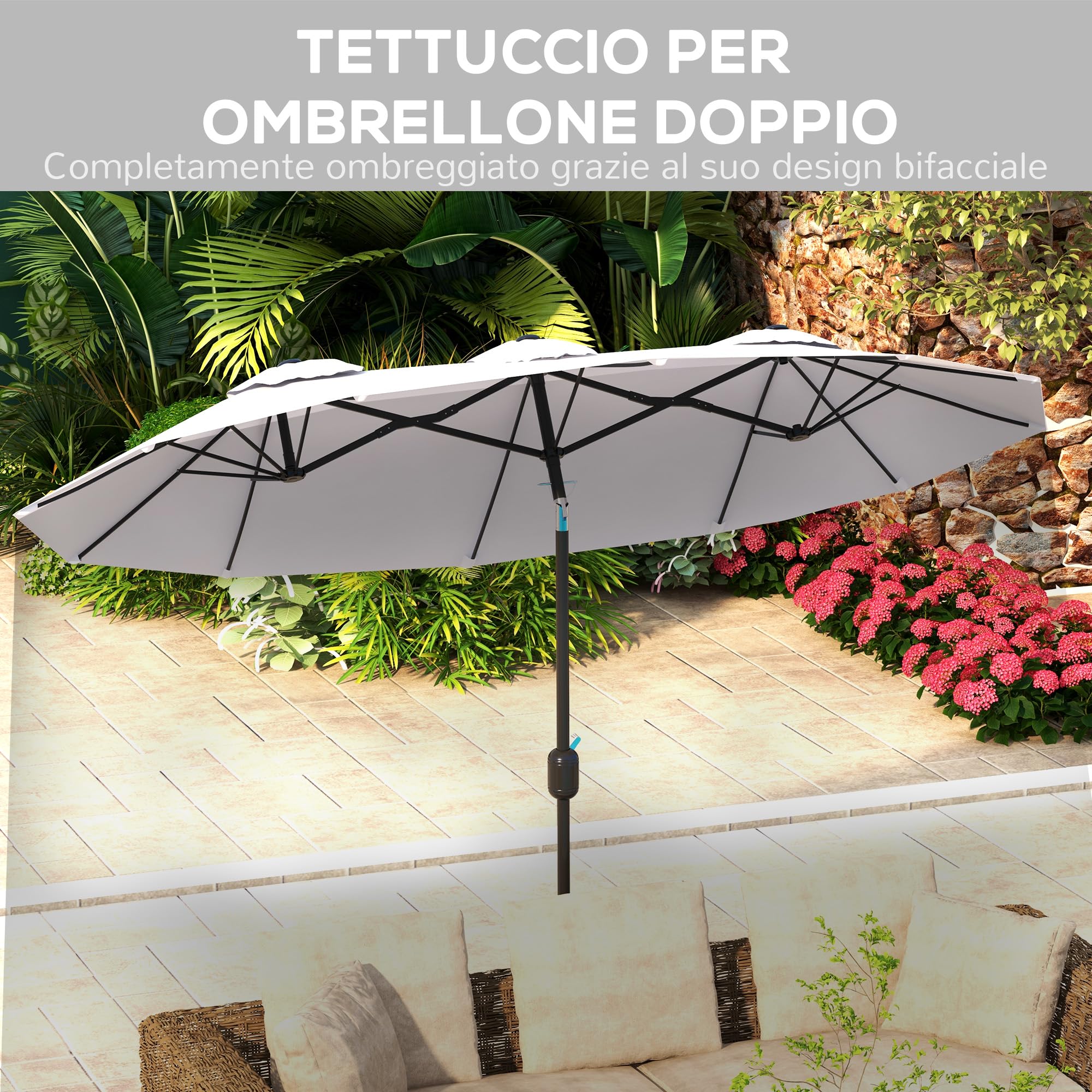 Outsunny Ombrellone da Giardino Doppio Inclinabile a 45° con Manovella e 3 Prese d'Aria, Ombrellone da Esterno in Acciaio e Poliestere, 295x152x222 cm