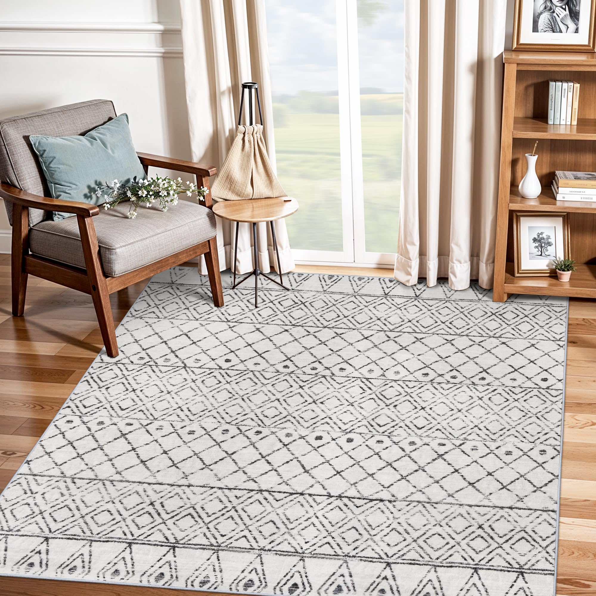 Washable Square 4x4 Moroccan Rug: Modern Boho Non Slip Area Rug, Geo Grey
