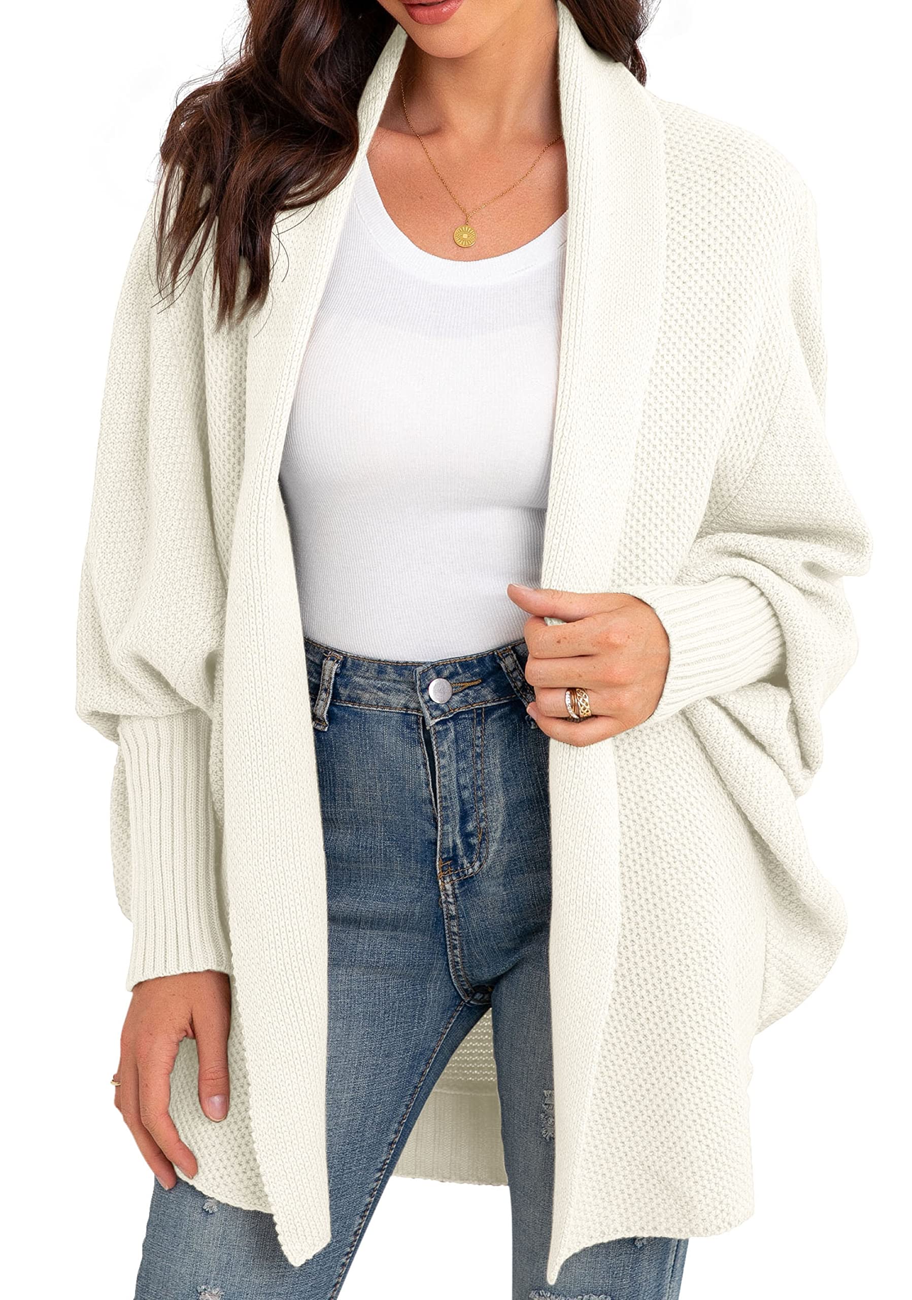GRECERELLE Women's Knit Long Cardigans Jumpers Cardigan Ladies Loose Long Sleeve Knitwear Oversized Sweater Cardigan for Autumn Winter Spring (White, L)