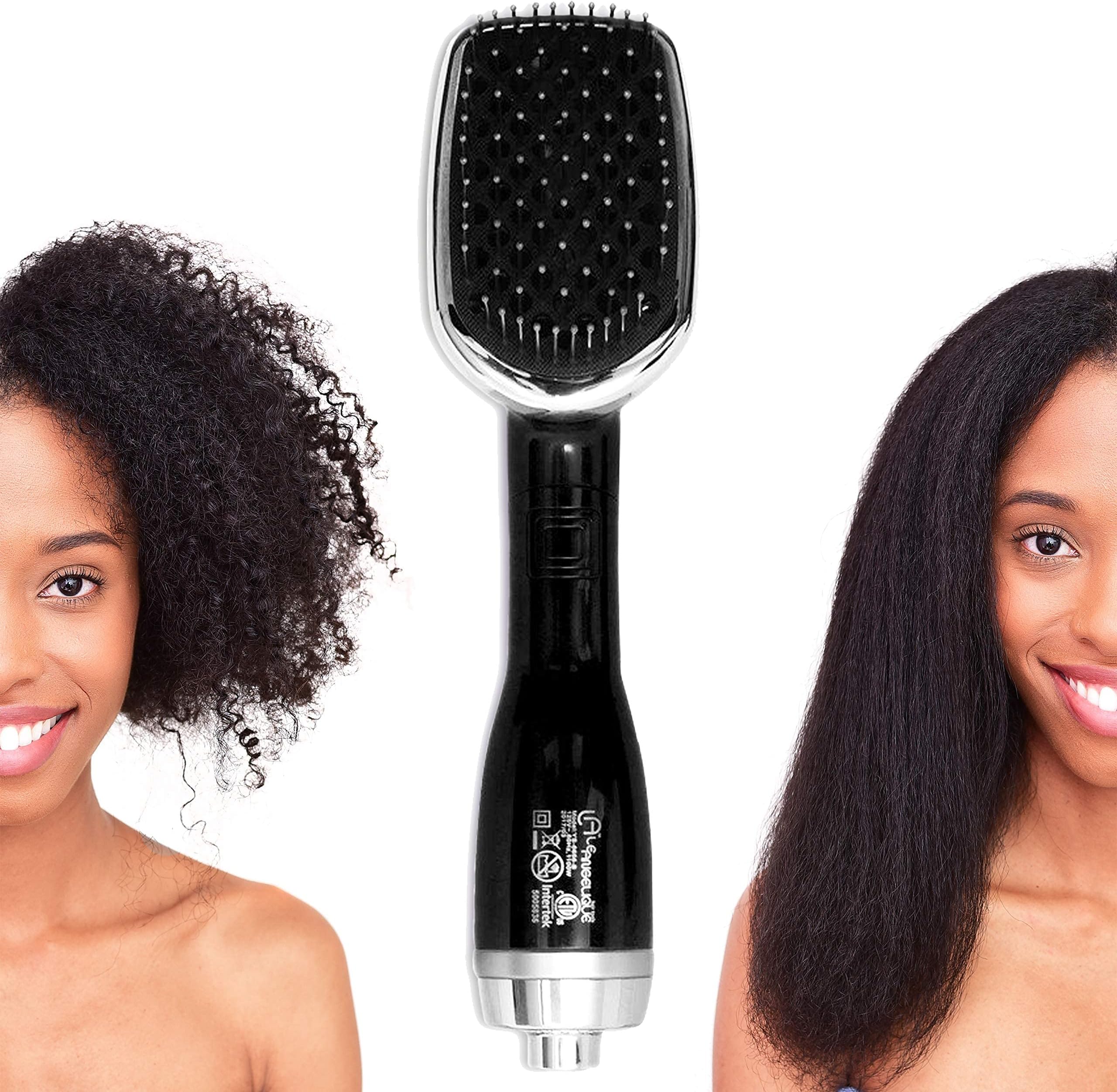 Le Angelique Brush N Blo - One Step Hair Straightening Comb & Brush for Easy & Quick Curly Hair Styling | 1000W Hot/Cold Air Straightener | No-Frizz Tourmaline Tech Detangles & Boost Shine - Black