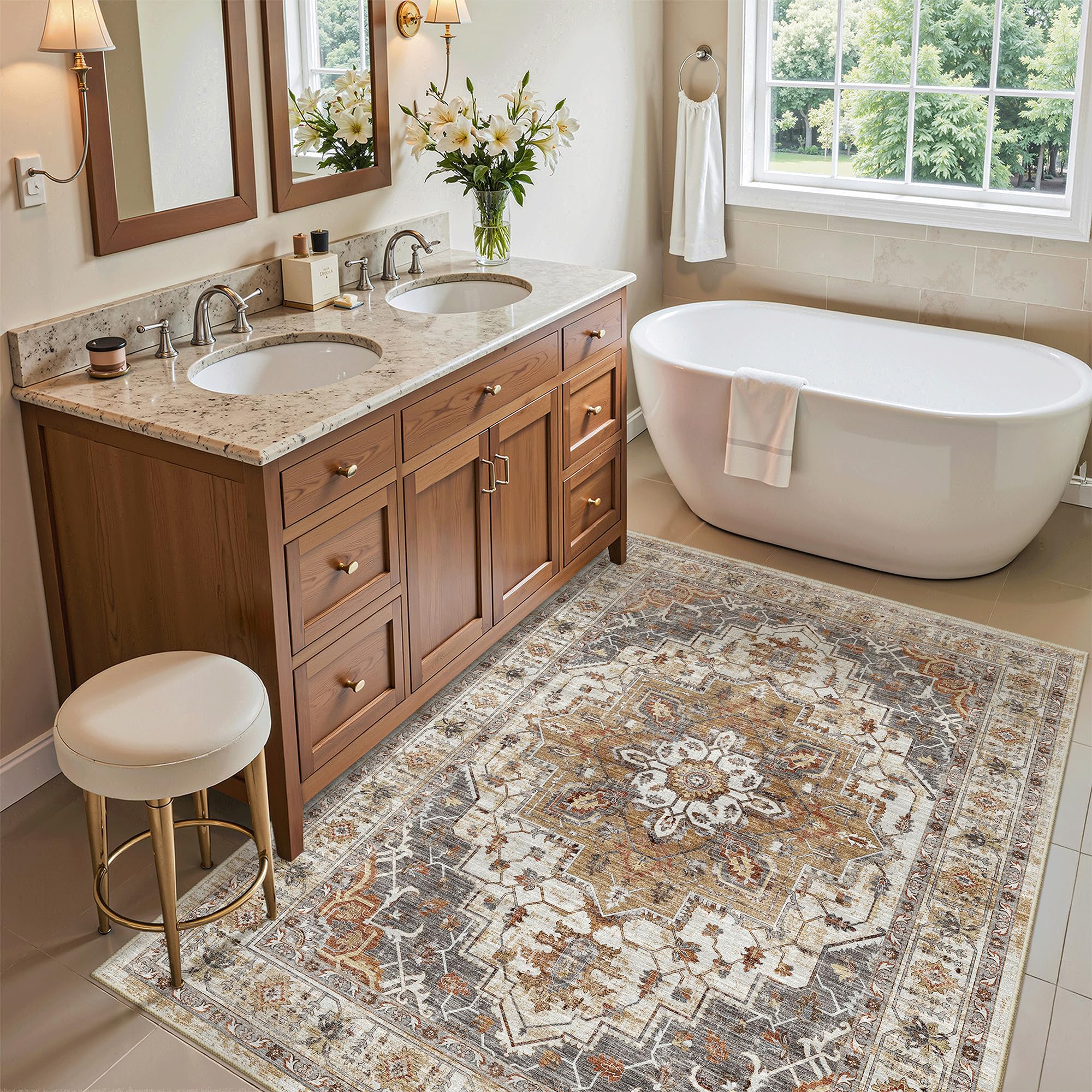 Madane Washable Entry Rug 3x4, Area Rugs for Entryway Kitchen Bathroom Door Mat Indoor Entrance, Vintage Floral Print Office Runner with Non Slip Rubber Backing, Turmeric/Grey