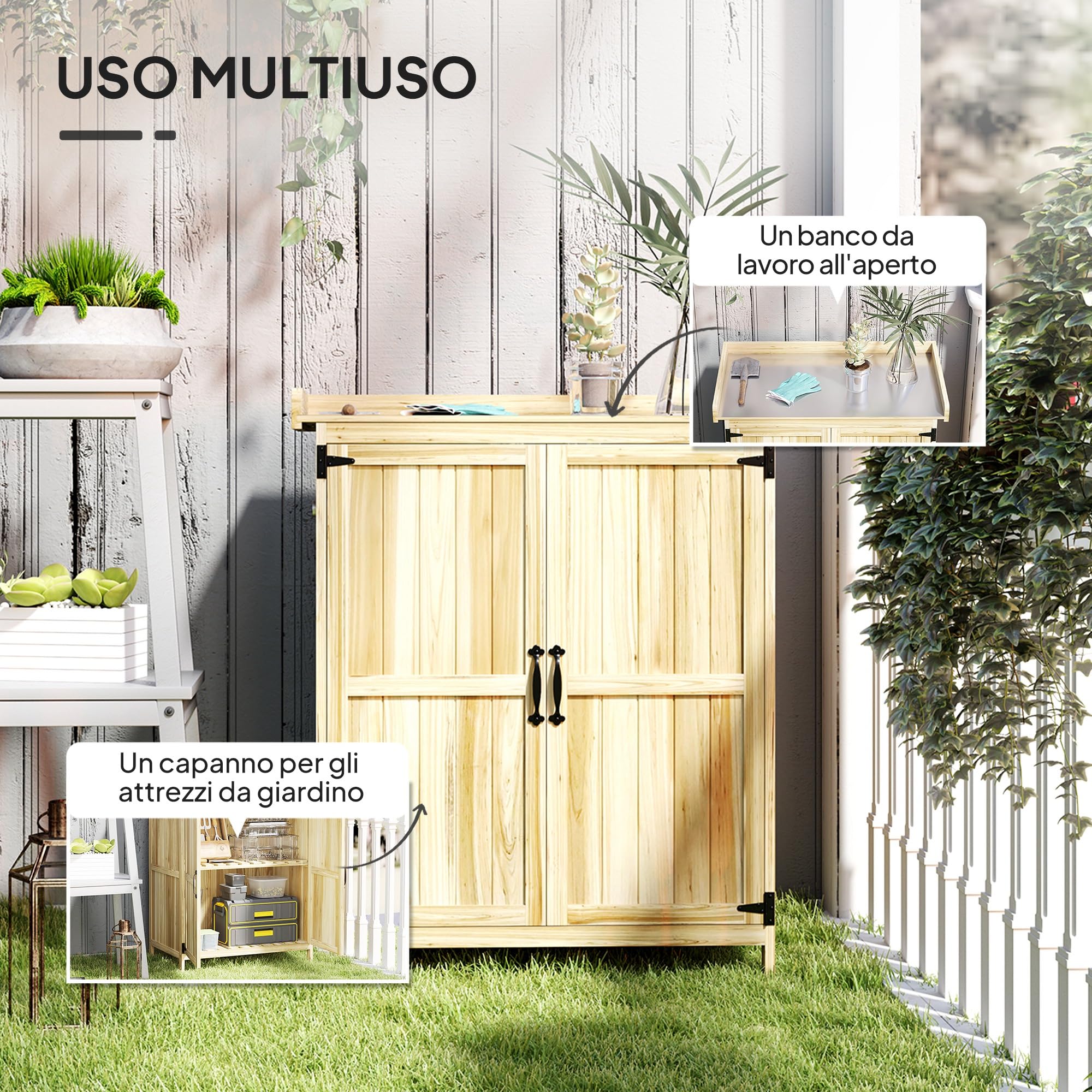 Outsunny Armadio da Giardino in Legno di Abete 74x43x88 cm Color Legno | Casetta Porta Attrezzi da Esterno, 2 Ante Bloccabili, Piano in Metallo, Mensola, per Giardino Patio Prato