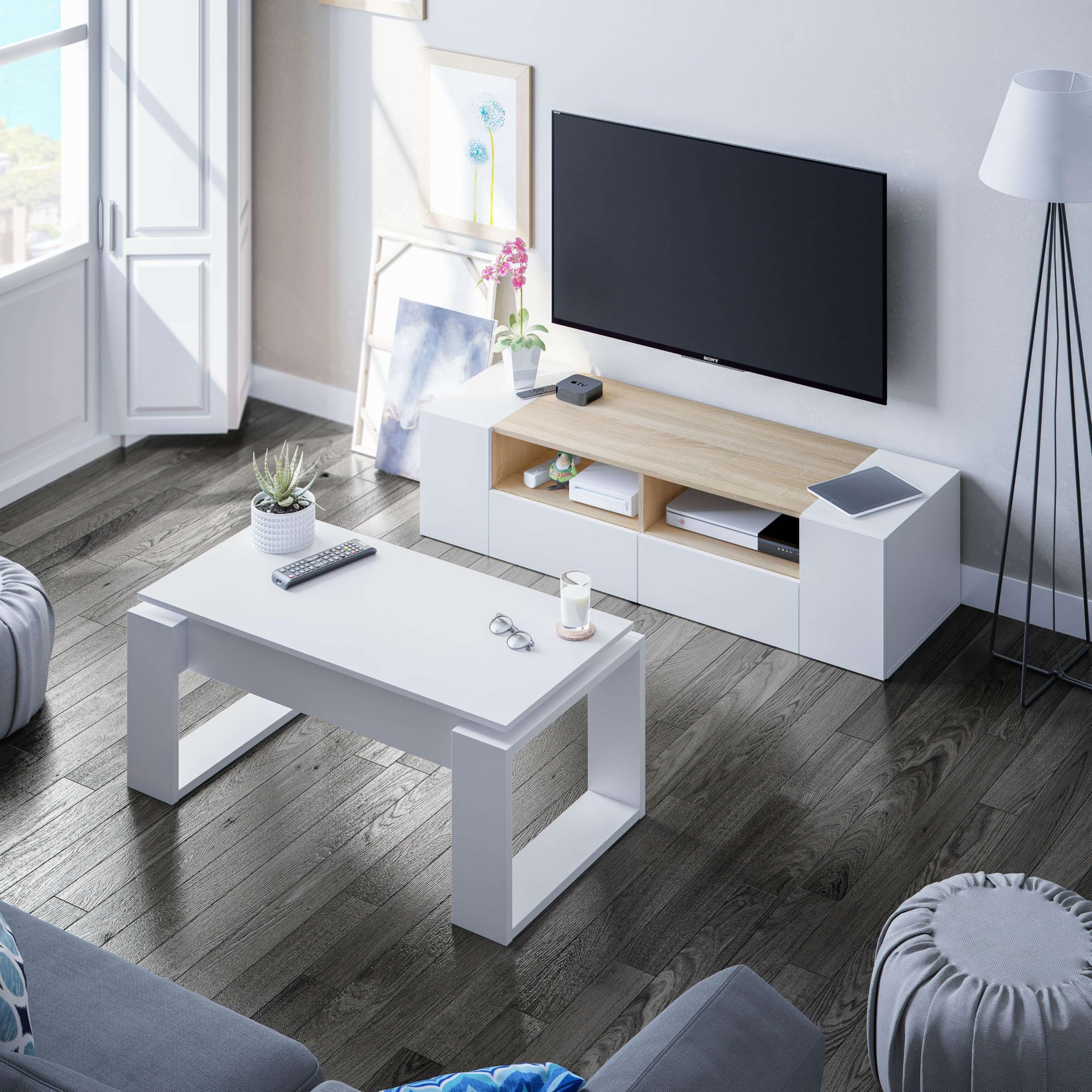 Habitdesign Modulo TV, Mueble de Salon, Juego de Muebles, Modelo Tamiko, Acabado en Blanco Artik y Roble Canadian, Medidas: 138 cm (Largo) x 42 cm (Fondo) x 36 cm (Alto)