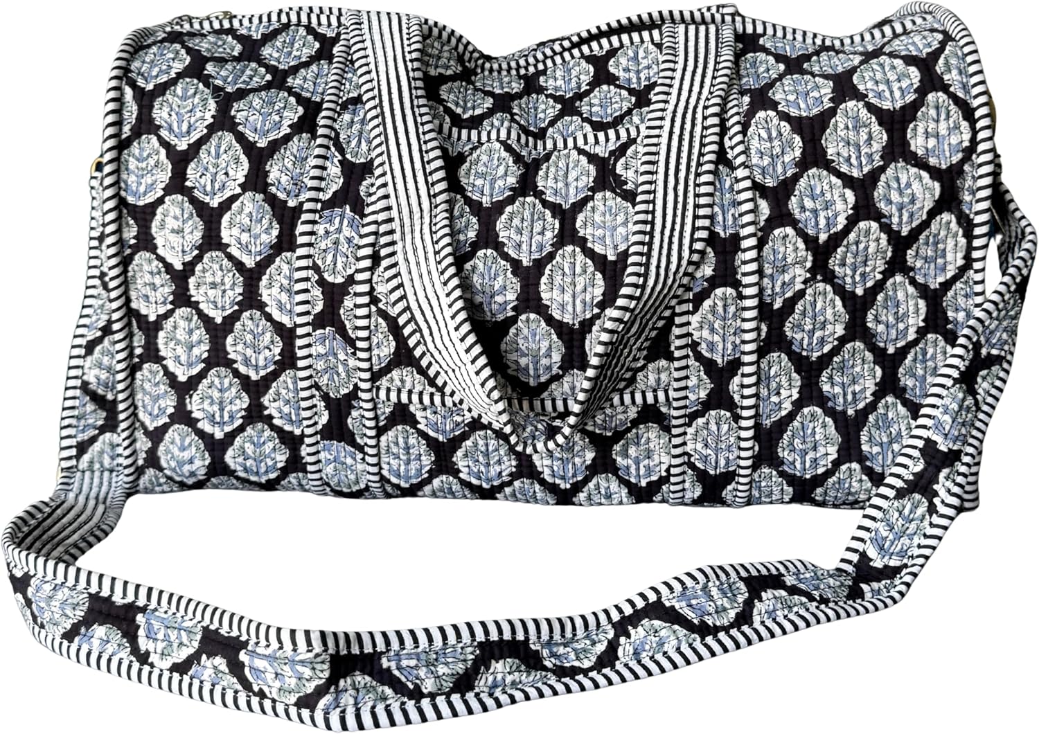 ATOSII Large Duffle Bag, Handblock Print 100% Quilted Cotton for Overnight Trip, Travel Weekender, Luggage, 2 Pockets with Zipper, 1 Front Pocket, Detachable Long Strap, 20 X 10 X 12 Inches, Celeste