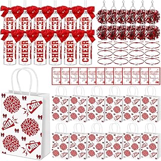 Mimorou 12 Set Cheerleader Gift Bulk for Team Incluede 12 Cheerleading Cups Bow Water Bottles Plastic Cheer Tumblers with Lid and Straw 12 Pom Pom Keychain 12 Cheer Bracelets 12 Bag 12 Card(Red)