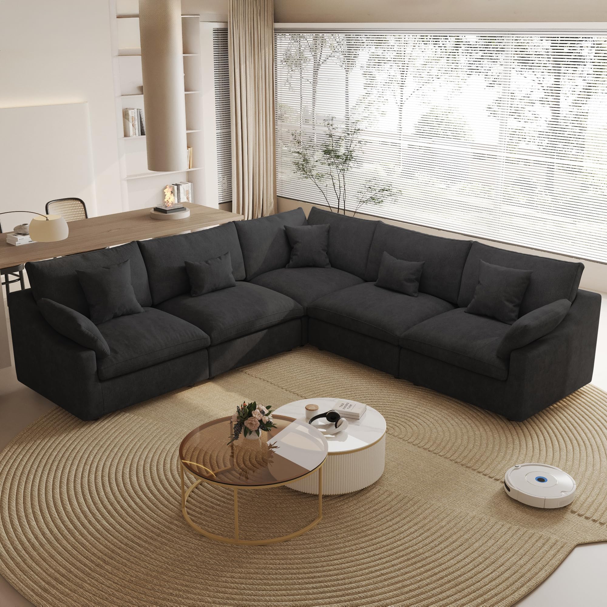 Modular Sectional Sofa with Ottoman for LivingRoom,156inch U Shaped Down Filled Cloud Couch,8 Seater Convertible V Shaped Living Room Sets,Cover Washable and Replaceable Couches for Living Room,Black