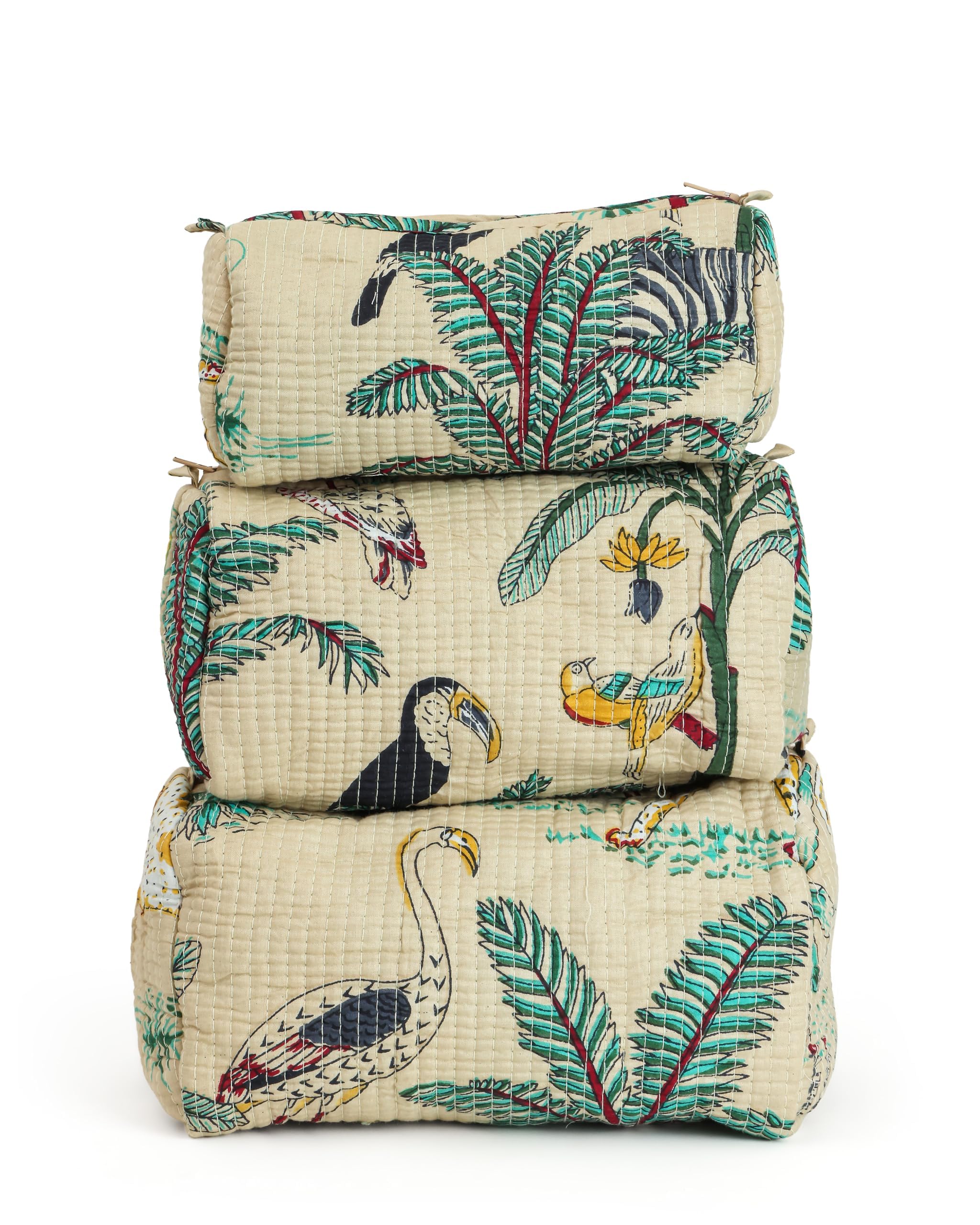 NIKAVIK Set of 3 Quilted Cotton Pouches | Travel Cosmetic Organizer Bags | Printed Zip Storage Pouch for Makeup, Toiletries, Accessories (Beige)