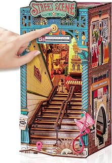 Rolife DIY Book Nook Kits Sunset Street Scene, Endless Stairs Bookshelf Decor 3D Wooden Puzzles for Adults, DIY Miniature House Model Building Kits, DIY Crafts/Birthday Gifts for Teens & Book Lovers