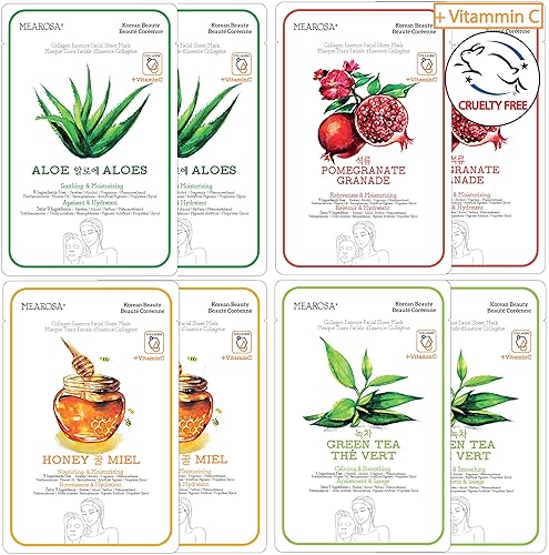 Face Masks Korean skin care Vitamin C Collagen Firming Essence Facial Sheet Masks Premium Quality Sensitive Skin (8 Sheets Variety pack)