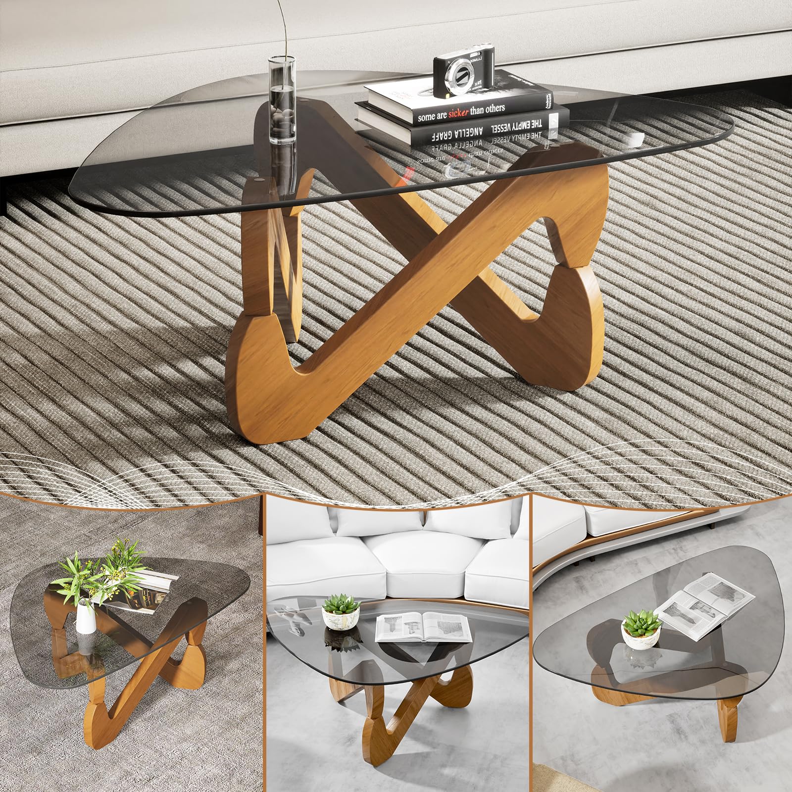 Table basse triangulaire en verre, table basse moderne avec base triangulaire en bois massif et verre trempé épaissi, table d'appoint, table basse inhabituelle pour salon bureau, 82 x 57 x 35 cm (gris