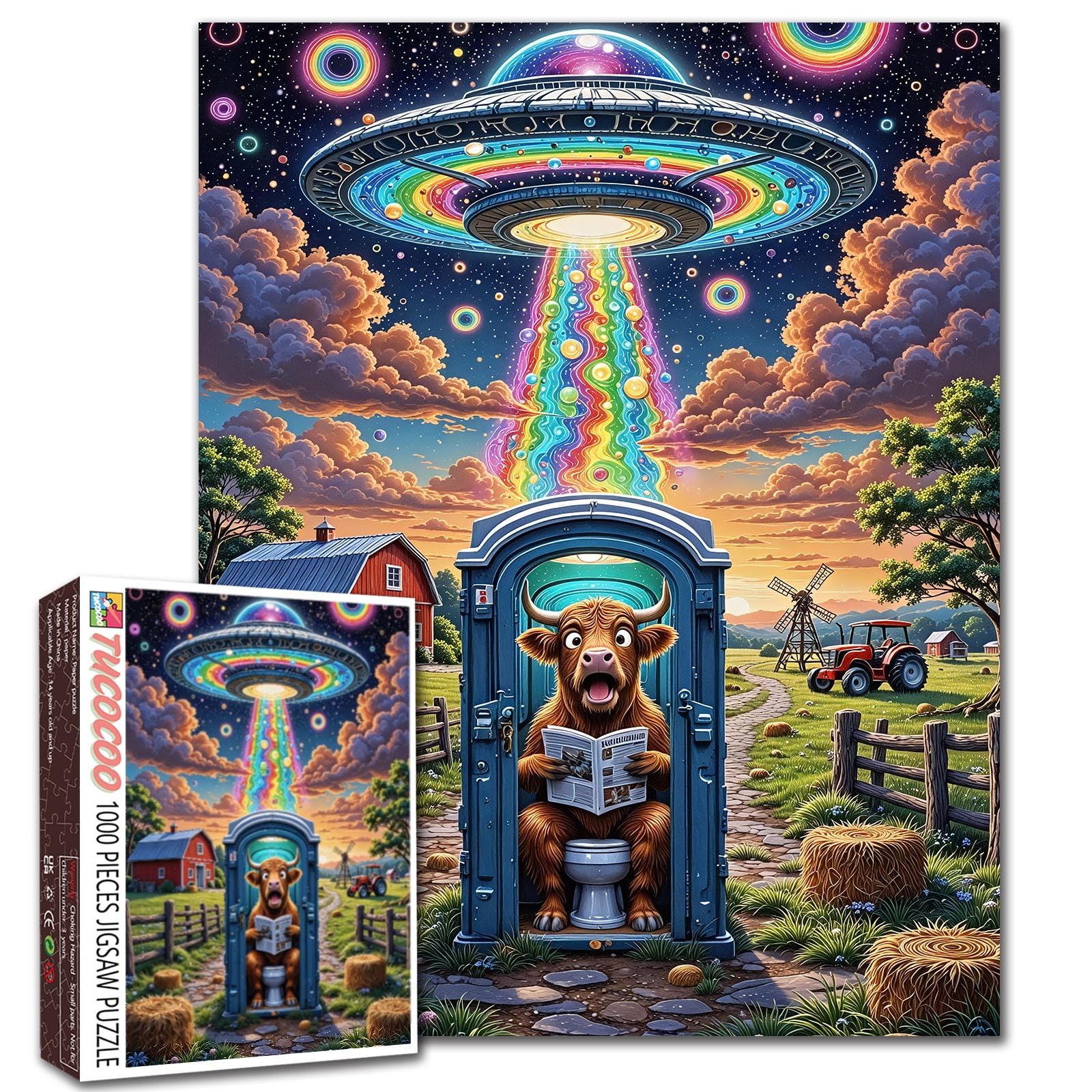 Farm Funny Cow Jigsaw Puzzles for Adults 1000 Pieces UFO Spaceship DIY Puzzles for Family Activity Games Highland Cattle Flying disc Art Jigsaw Puzzles Home Wall Decor Craft Gifts 19.7 x 27.6 Inch โ image 1