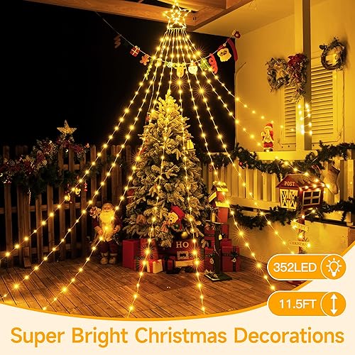 Miniatura 2 de Ollny Luces de Navidad para exteriores, 352 LED, 11.5 pies, luz blanca cálida para árbol de Navidad con control remoto enchufable, 8 modos IP67