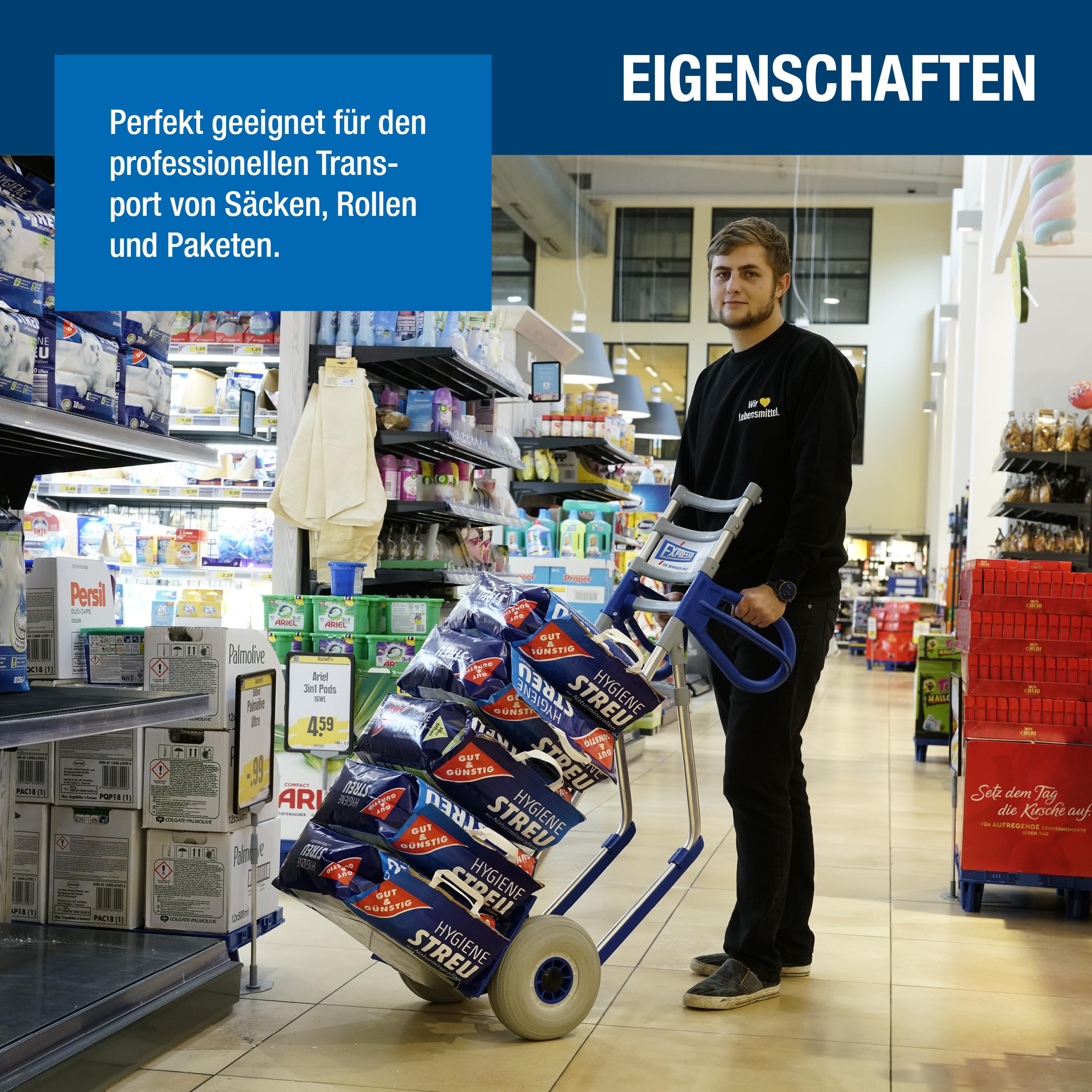 Vollmontierte EXPRESSO Alu Profi- Sackkarre AE24381525 für Säcke, Rollen & Kartons / 250kg / pannensichere Vollgummireifen/Schaufel L 30 x B 30,5 cm