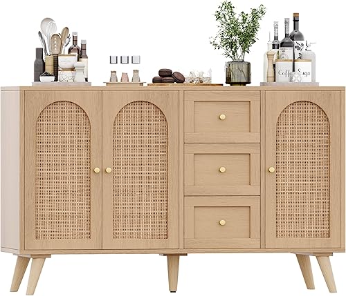 Miniatura 8 de Keehusux Aparador de ratán, gabinete de buffet con puertas decoradas de ratán y estantes ajustables, mesa de consola con cajones, armario decorativo
