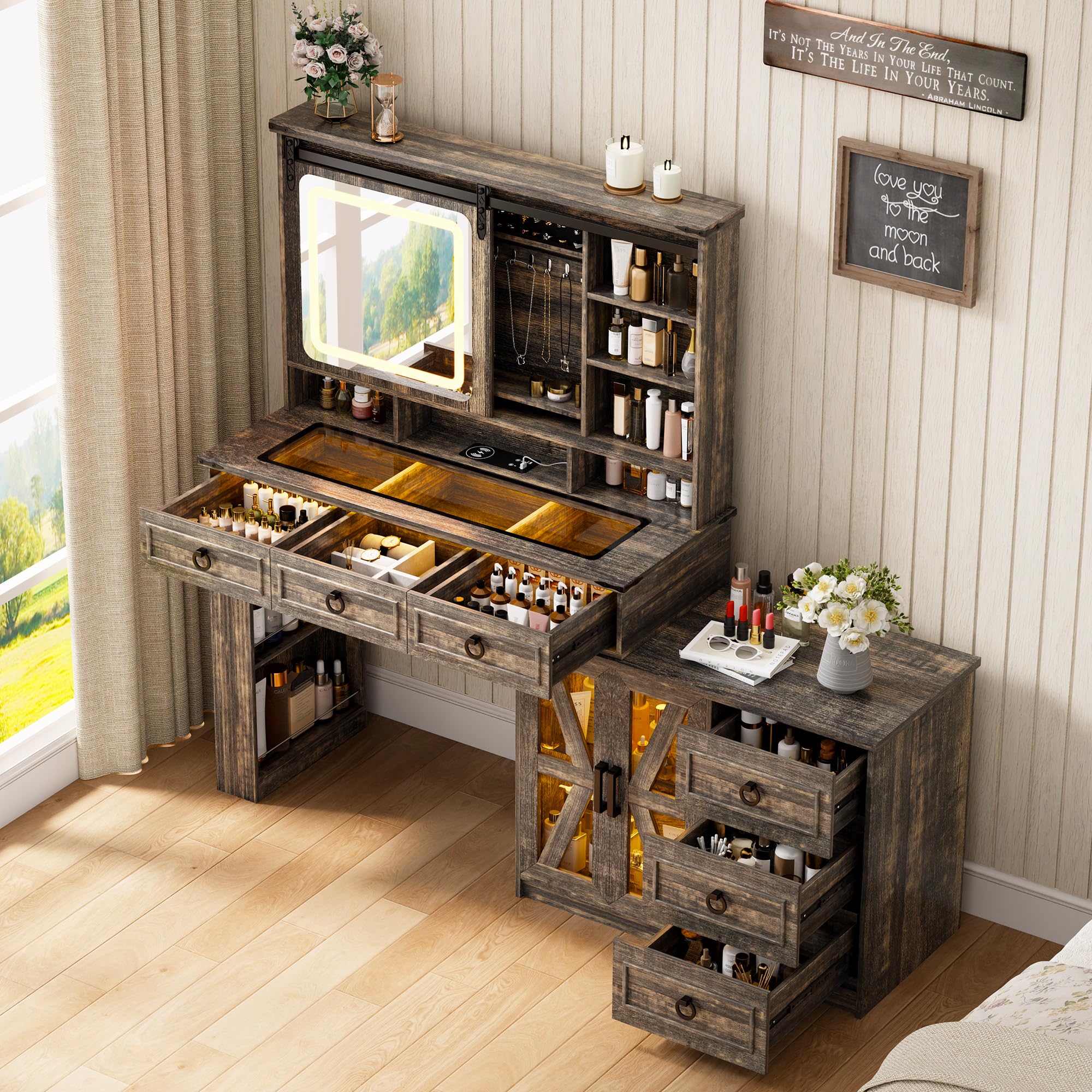 HNEBC 40" W Makeup Vanity Desk with Sliding Mirror and Lights,Farmhouse LED Vanity Set with Jewelry Armoire,Glass Tabletop Vanity Table with Charger,Adjustable Cabinet,6 Drawers,10 Shelves (Oak)