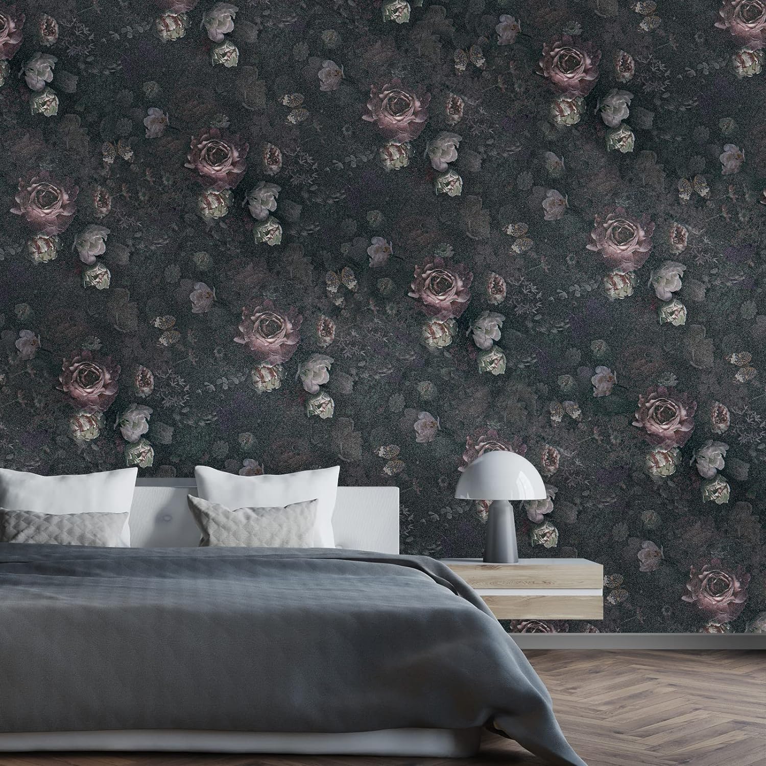 VEELIKE Vintage Dark Butterflies Peonies Wallpaper Mural 17.7''x354'' Black Floral Removable Decorative Contact Paper for Bedroom Bathroom Walls