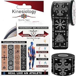 Cinta de kinesiología precortada con dispensador, cinta muscular deportiva vertical Viking, color negro, 5 m, 20 tiras, cinta de fisioterapia para cara, espalda, codo, rodilla y tobillo