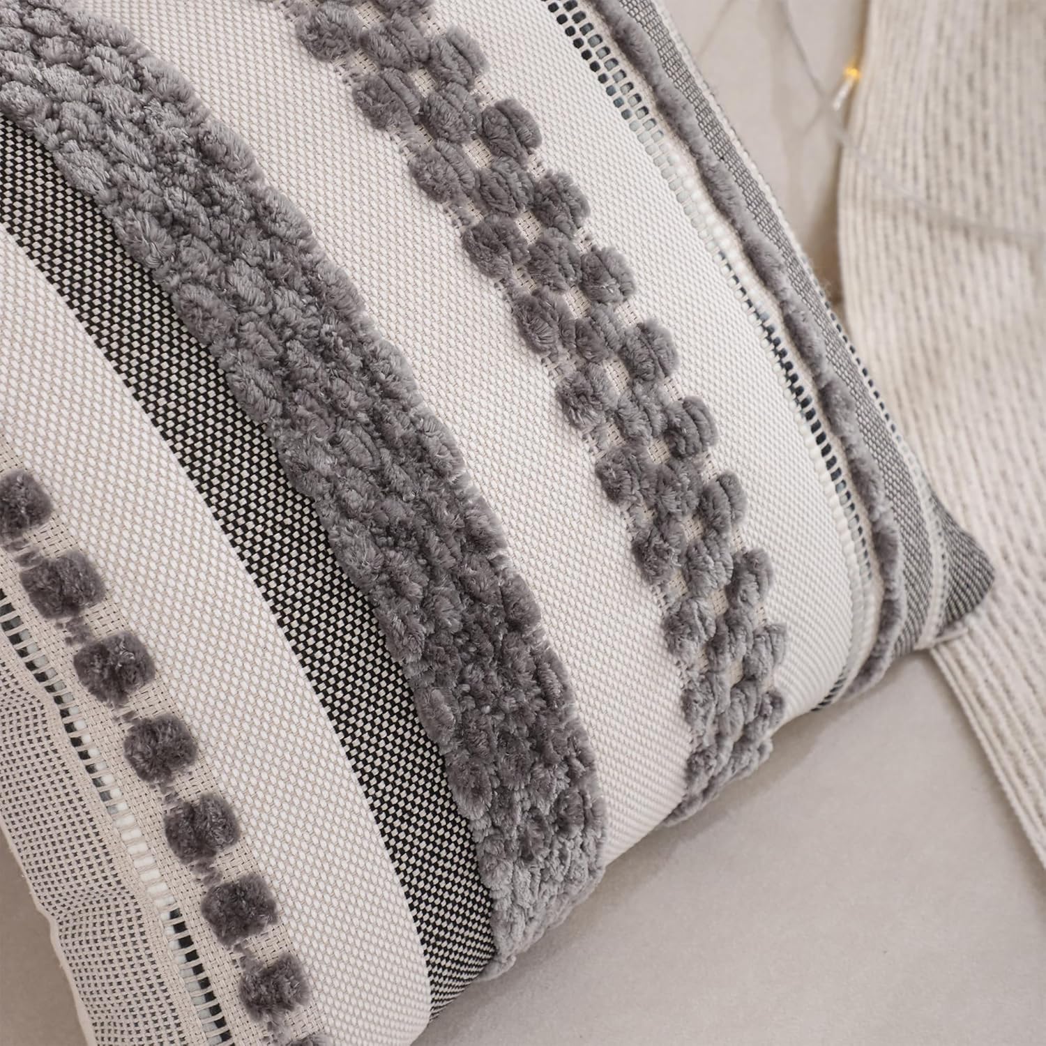Tosleo Gray Stripe Throw Pillow Covers 18x18 Set of 2 Boho Tufted Decorative Pillow Cases Accent Chenille Pillowcases Farmhouse Cushion Case Bohemian Nuetral Textured Pillow Cover - Image 3