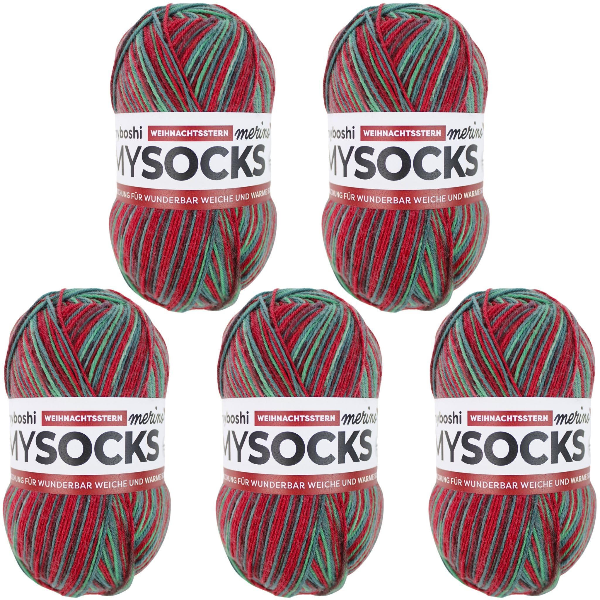 myboshi mysocks Merino, extra weiche 4-fädige Merino-Sockenwolle, 75% Schurwolle, 25% Polyamid, filzfrei, 100g, 420m Rot (Weihnachtsstern), 5 Knäuel