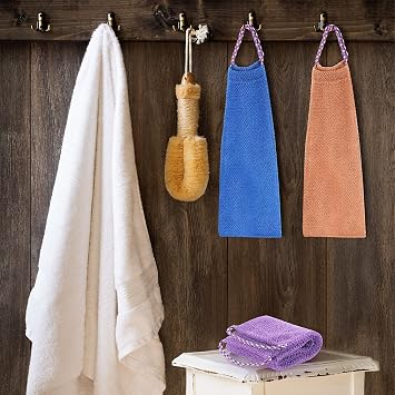 Tegeme 3 Pieces African Exfoliating Net Sponge, Long Exfoliating Bath Back Scrubber with Pull Strap, Nylon Body Shower Loofah for Women Men, Daily Hand Washcloth (Purple, Blue, Coffee)
