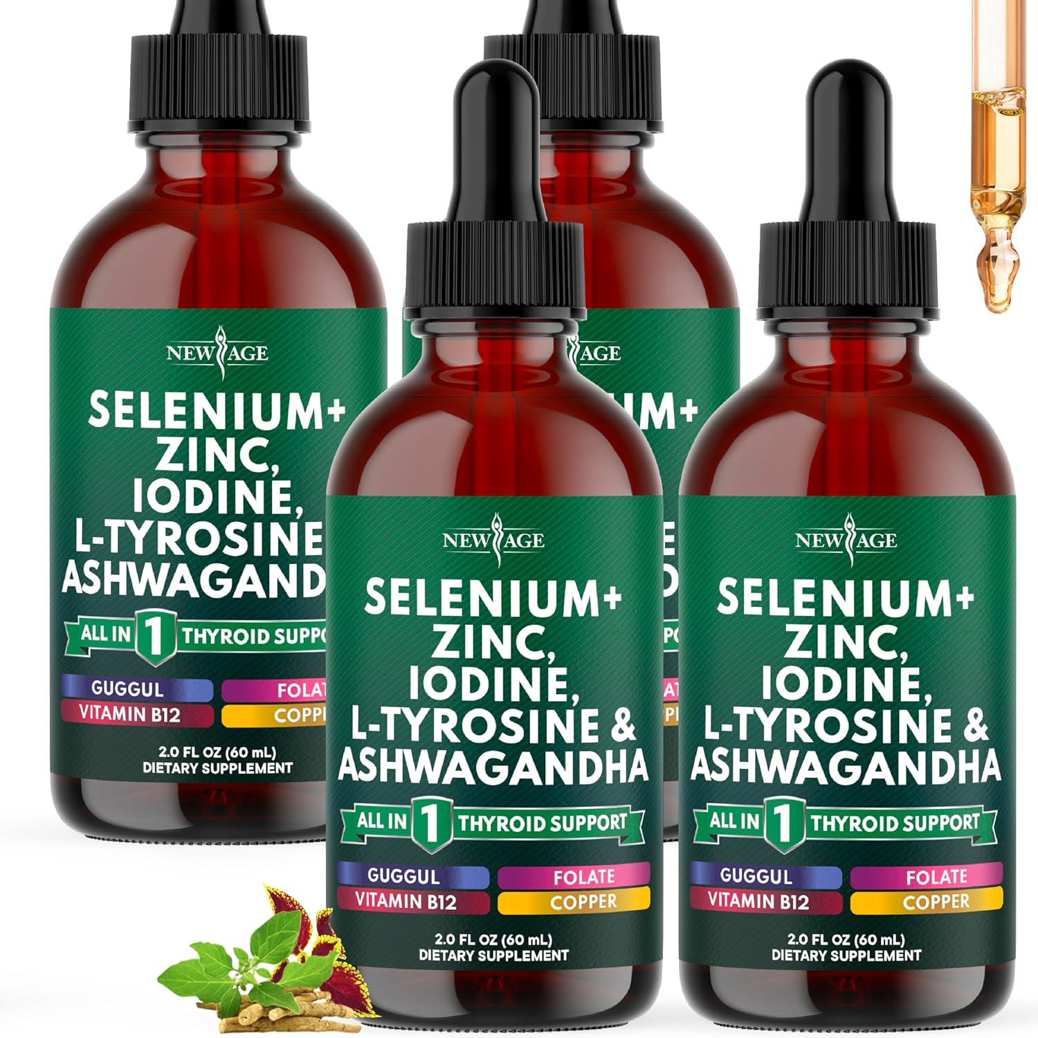 Thyroid Support Drops - Selenium, Zinc, Iodine, L Tyrosine, Ashwagandha, Turmeric, Schisandra Guggu, Cayenne, Basil - Liquid Supplement Folate Copper Alcohol -Free, Vegan, Non-GMO – 8 oz