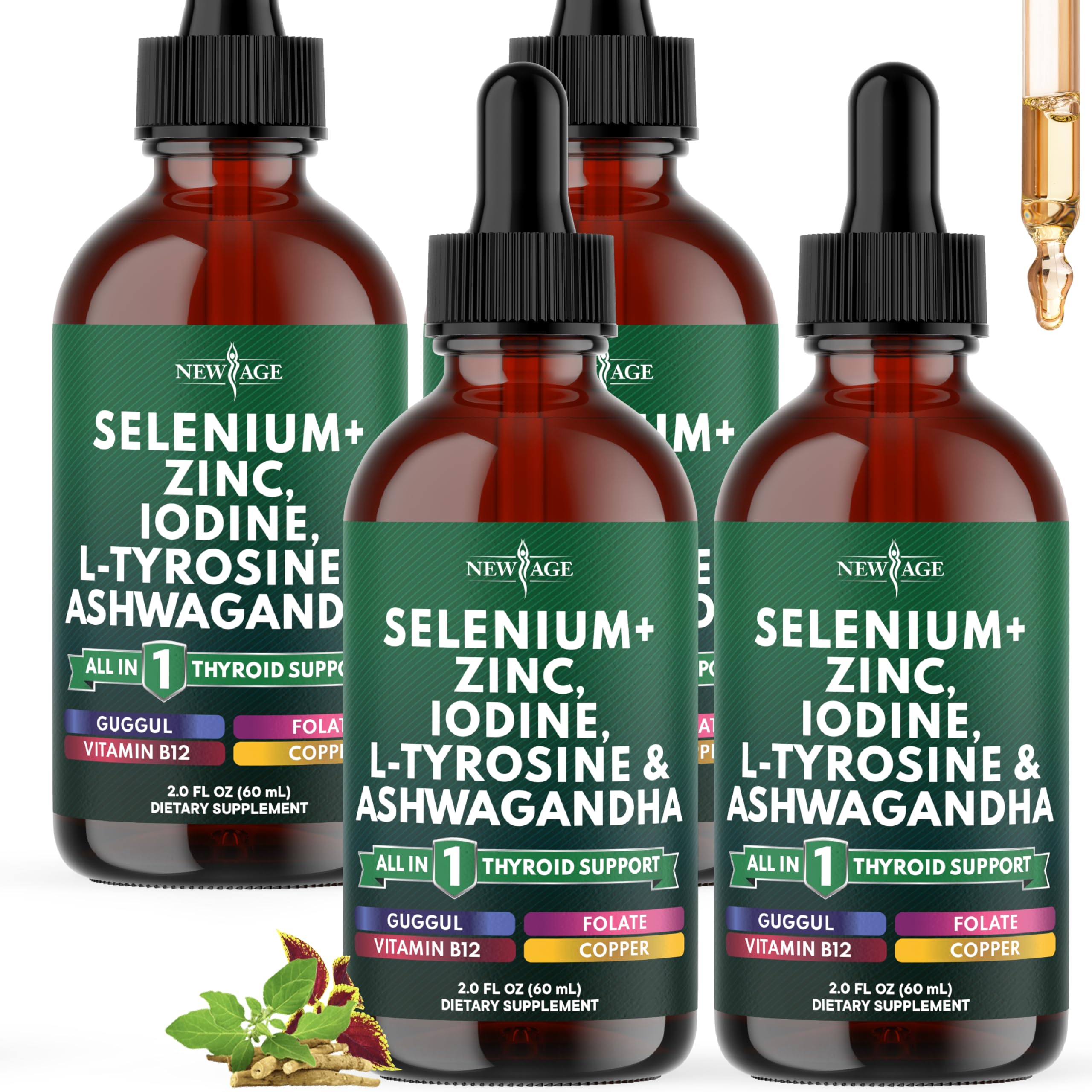 Thyroid Support Drops - Selenium, Zinc, Iodine, L Tyrosine, Ashwagandha, Turmeric, Schisandra Guggu, Cayenne, Basil - Liquid Supplement Folate Copper Alcohol -Free, Vegan, Non-GMO – 8 oz 2 Fl Oz (Pack of 4)