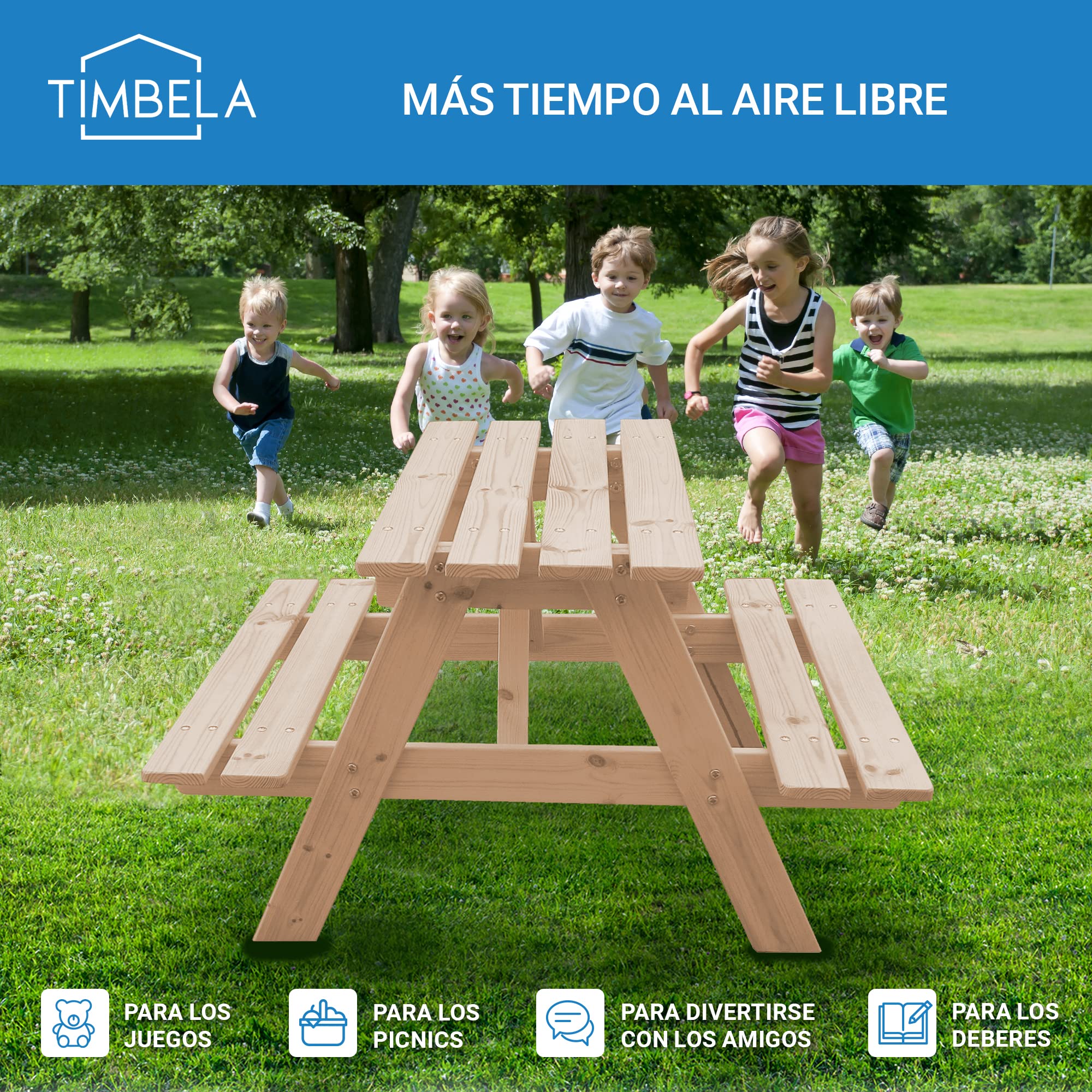 TIMBELA Mesa de Picnic Infantil - 90x90xA50 cm -para Exterior o Interior- Set Infantil de Mesa y Bancos de Madera M018-1