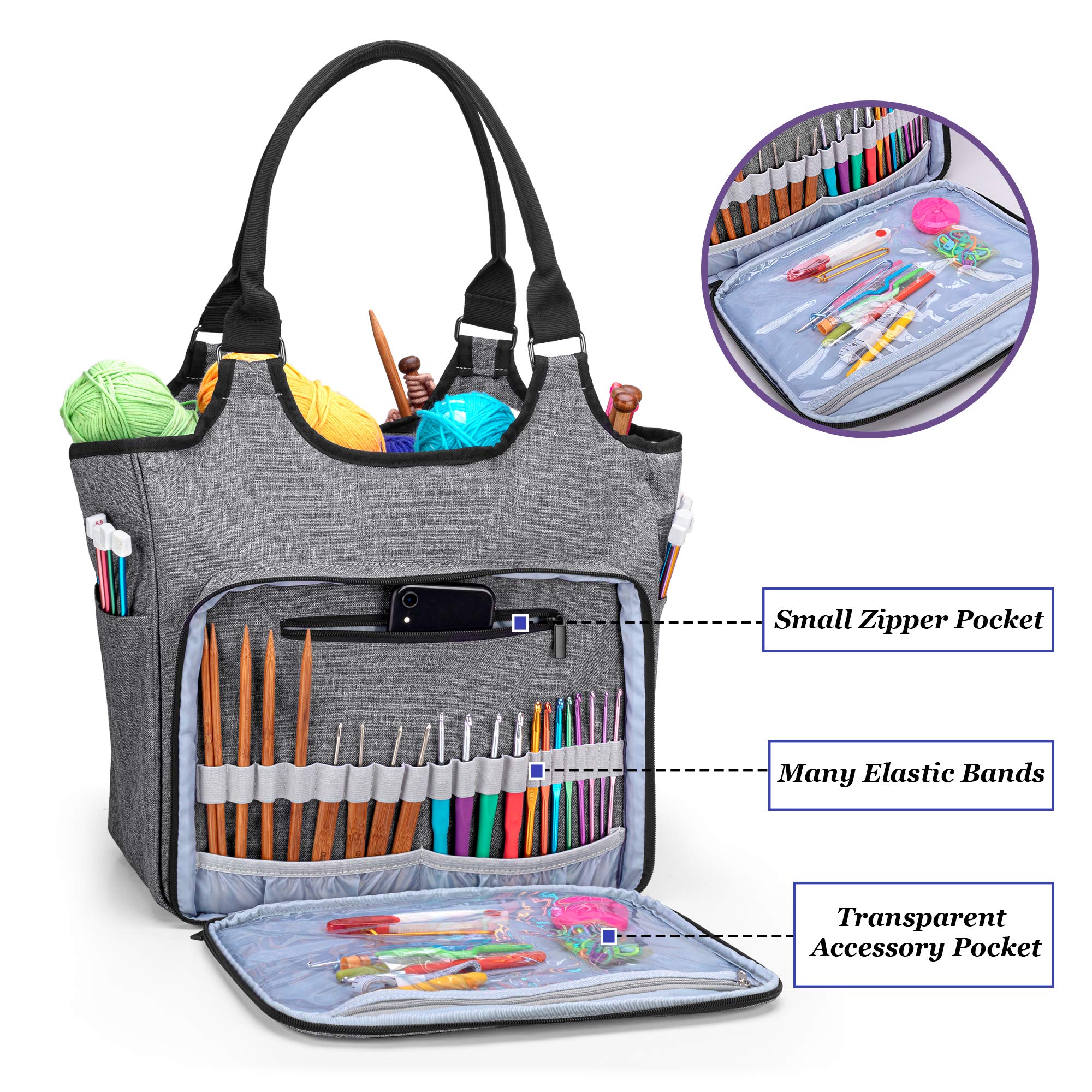 Yarwo Stricktasche zur Aufbewahrung von Wolle, Tasche für Wolle, Aufbewahrungstasche für Häkelnadeln Sets und Stricken Zubehör, Grau mit Pfeilmuster(PATENT ANGEMELDET) | 2 Hauptfächer mit 4 Taschen, 4 Ösen für Garn, Fronttasche, Rücktasche, 2 Seitentasche