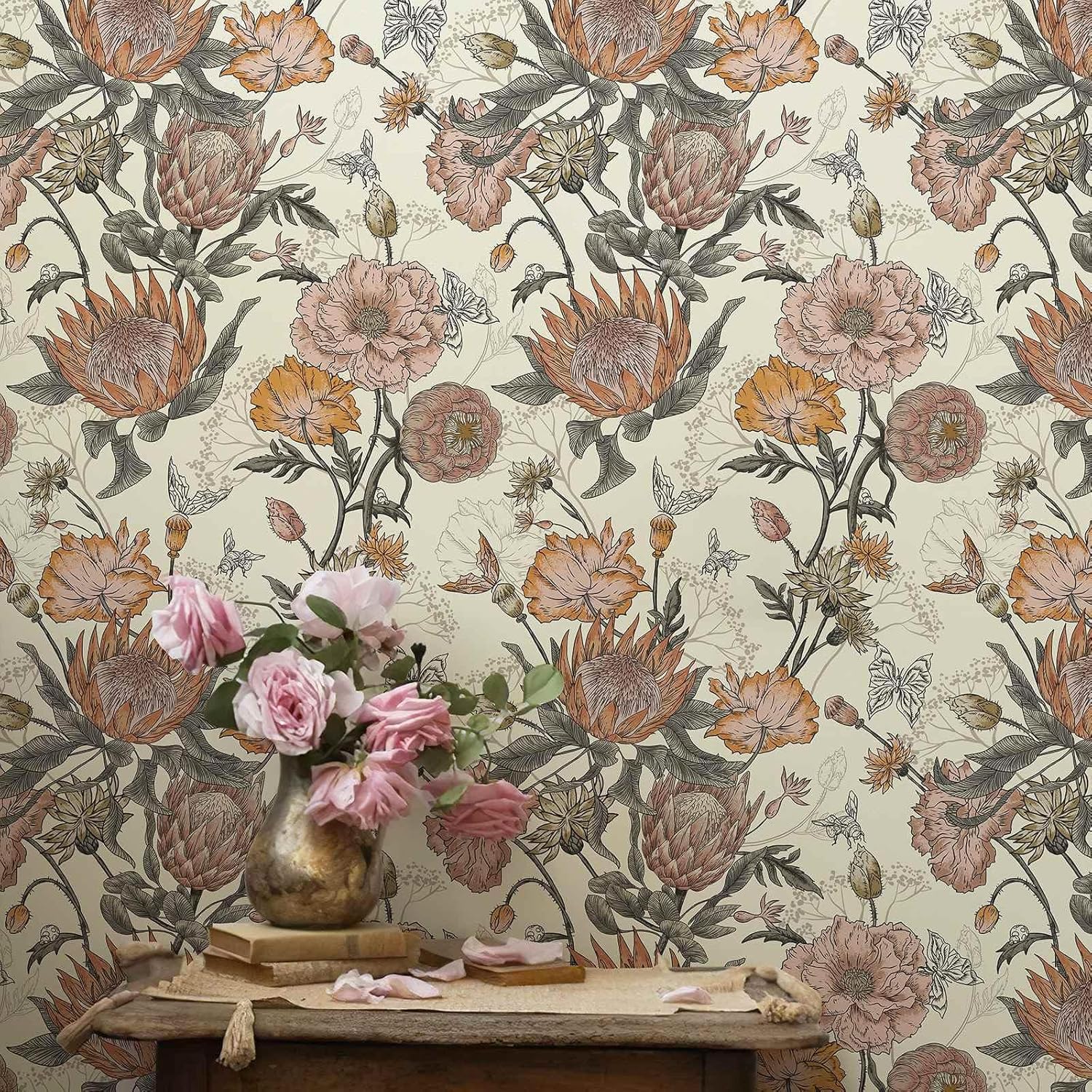 Floral Wallpaper Peel and Stick Floral Contact Paper Yellow and Pink Vintage Wall Paper Removable Self Adhesive Vinyl Stick on Wallpaper for Bathroom Bedroom Decor 17.3in x 400in