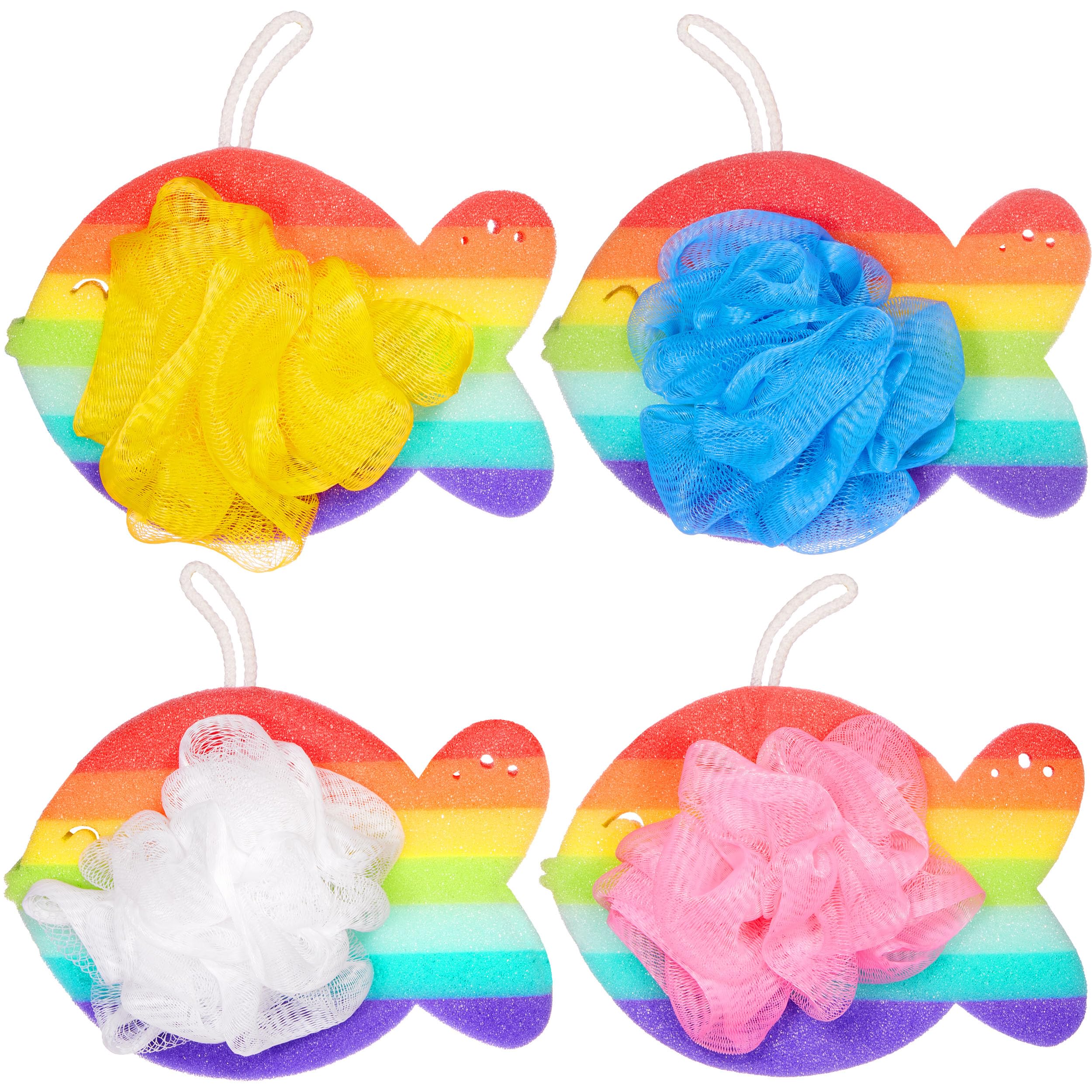 BRUBAKER 4-Piece Bath Sponge Set - Rainbow Fish Soap Sponge 0.88 oz - Gentle Exfoliating Shower Pouf - Colorful Bath Loofahs with Gift Box