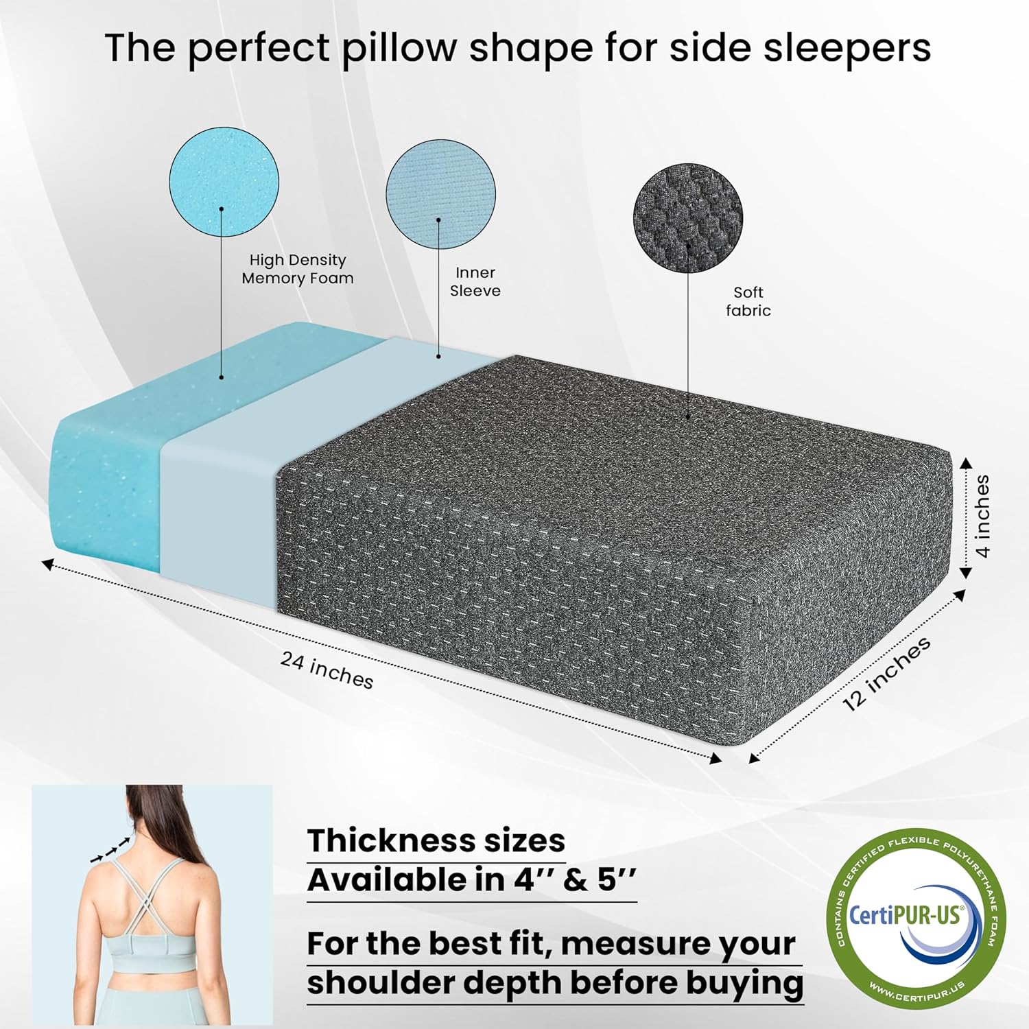24x12x5 Pillow Cube for Side Sleepers with 2 Pillow Cases(White & Gray) Memory Foam- Extra Thick, Medium Firm Design Ideal for Neck,Shoulder Pain Relief & Cervical Support - Made of Odorless Fabric