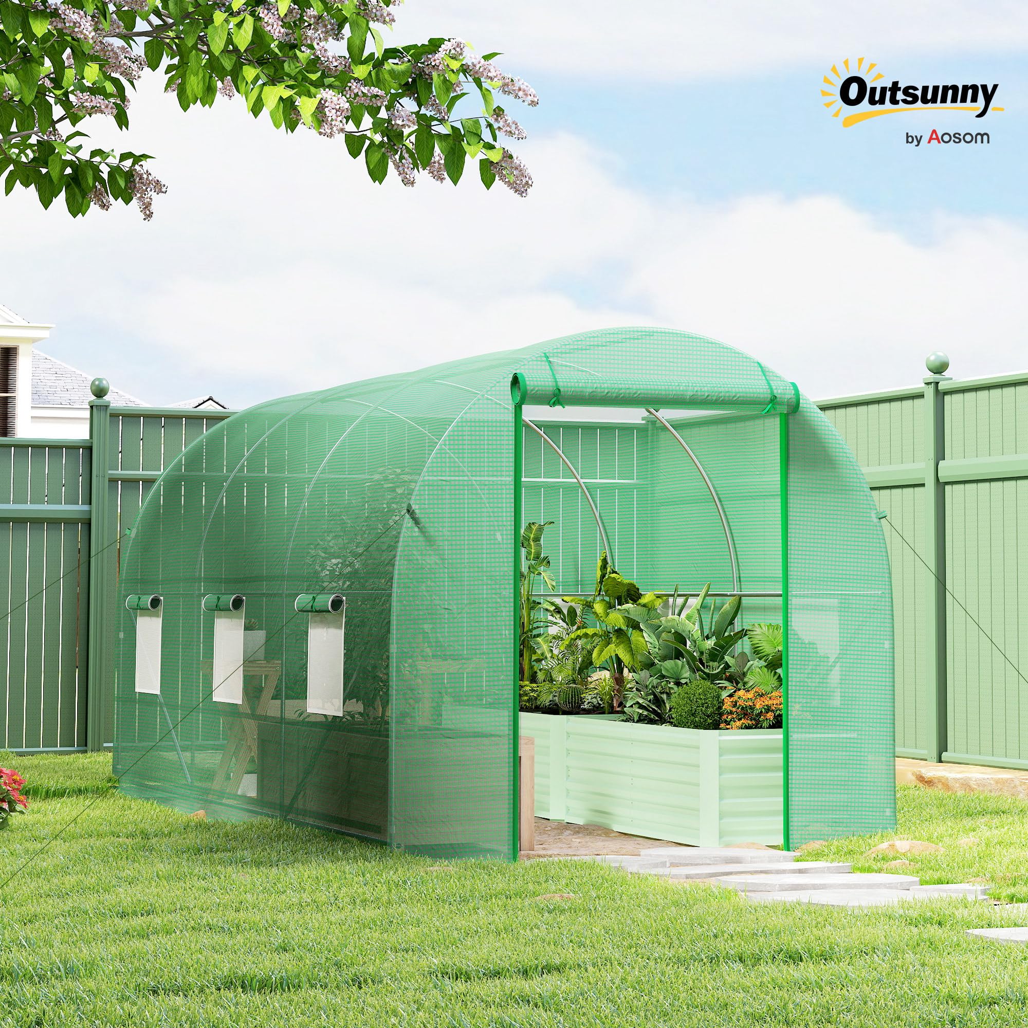Outsunny Tunelowa Szklarnia 8m² Drzwi 6 Okien 400x200x200cm Zielony