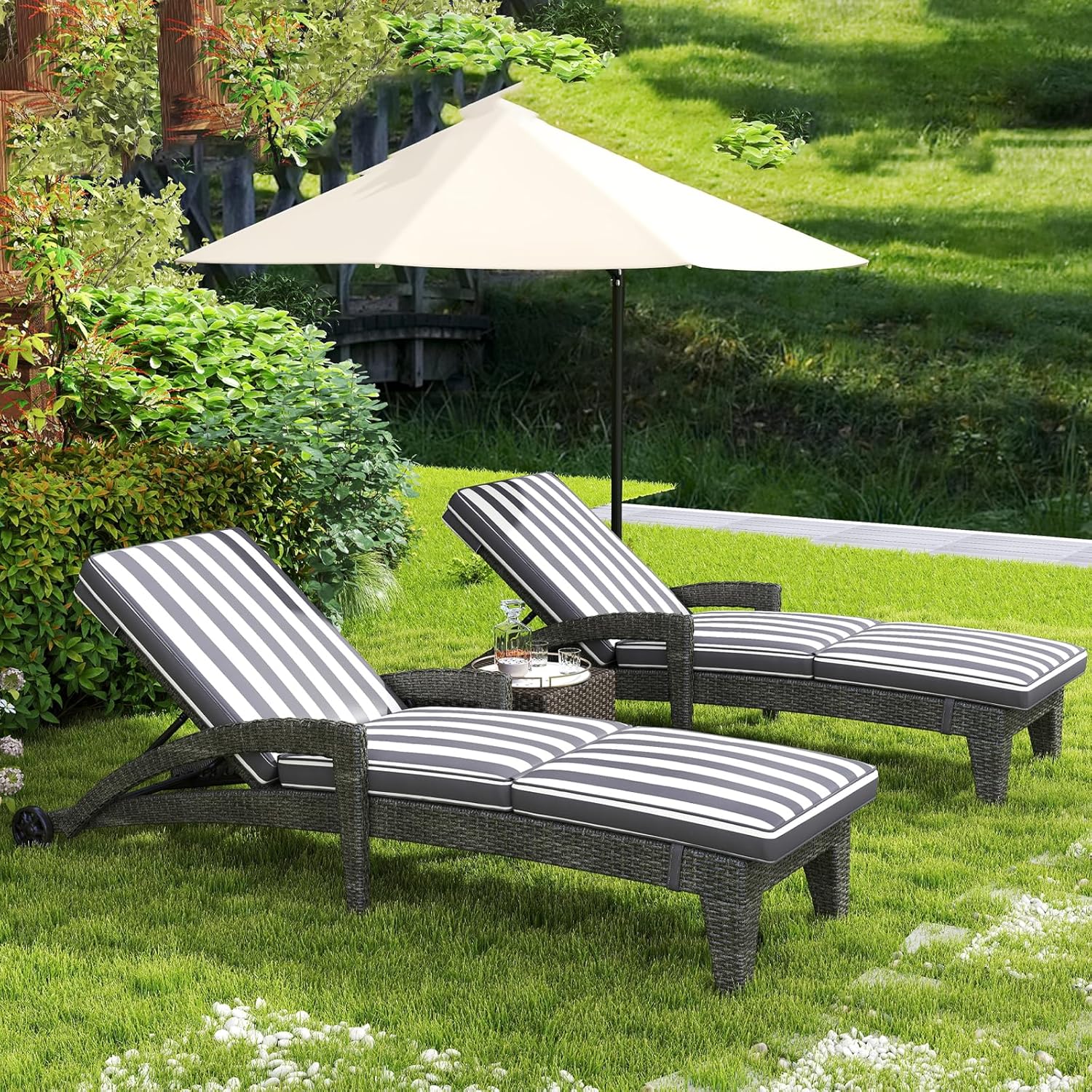 Patio Chaise Lounger Set of 6, Outdoor Lounger Patio Chairs, Heavy Duty Lounge Chairs Outdoor, Chaise Lounges for Resort, Backyard, Deck, Poolside, Garden, Grey Stripe