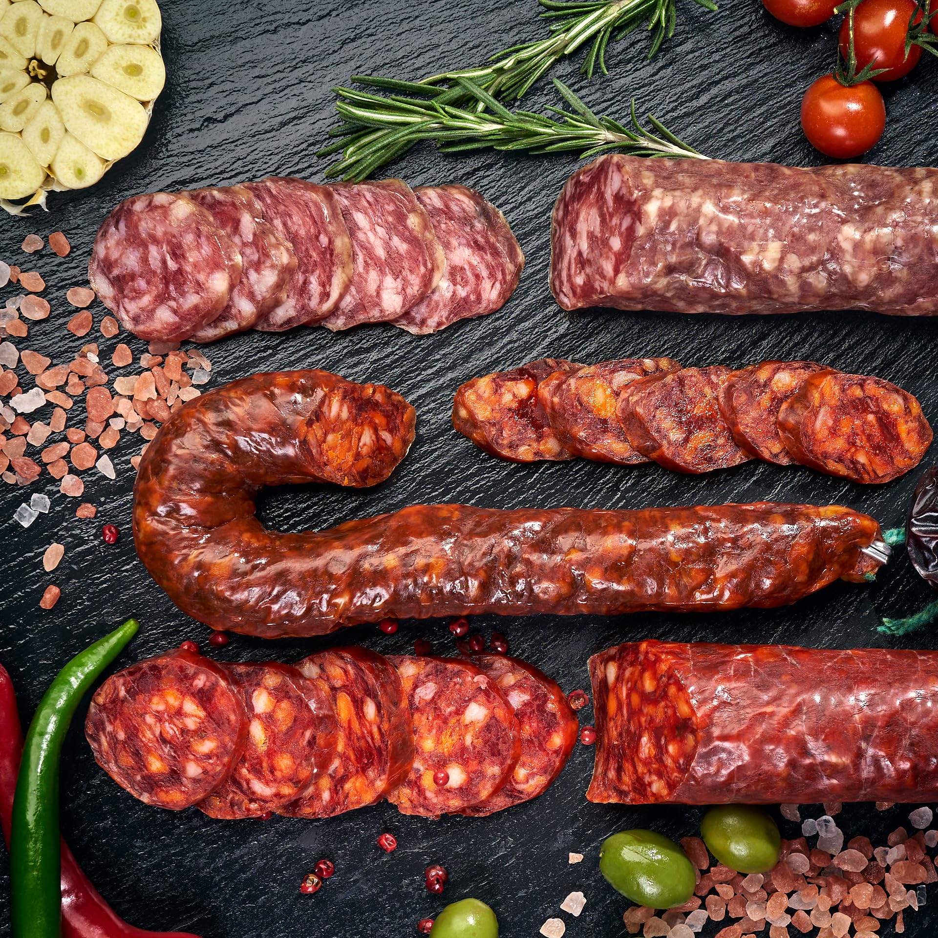 Spanische Wurstset (3 Stk.). Chorizo Casero Extra, Chorizo 100% Natural Seronito, Salchichón Casero Extra. Der Geschmack Spaniens bei Ihnen zu Hause!