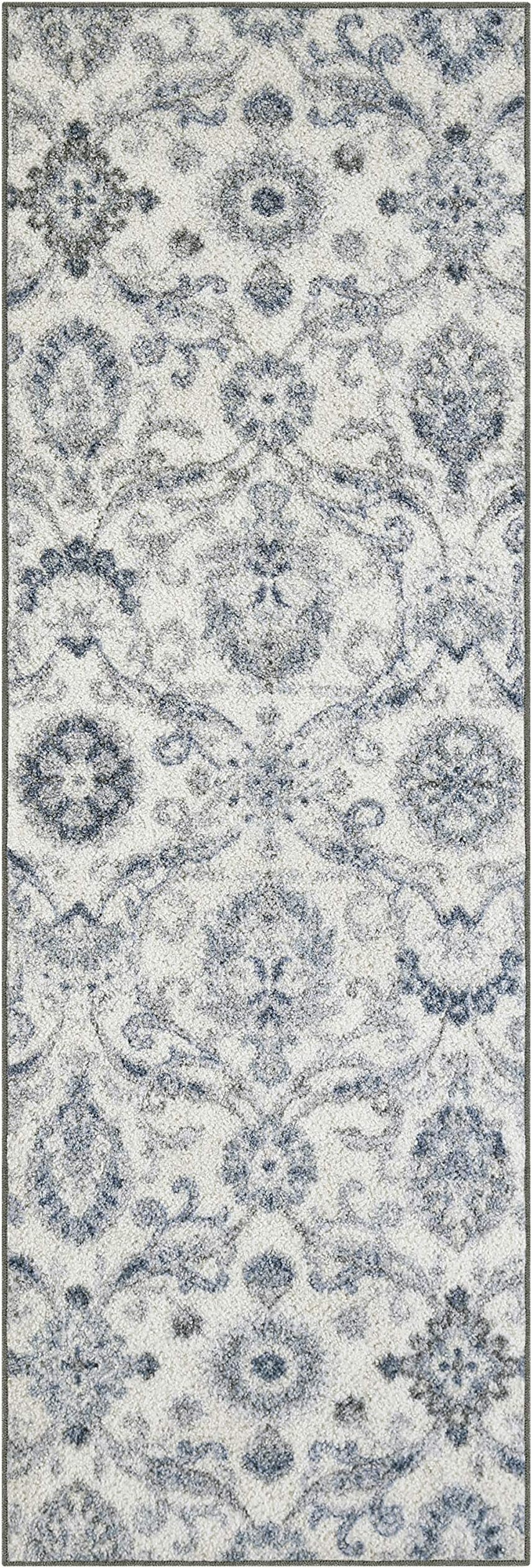 Maples Rugs Blooming Damask Runner Rug - Made in USA – Washable, Non Slip Indoor Carpet for Hallway, Kitchen, and Laundry Room, 2' x 6', Grey/Blue