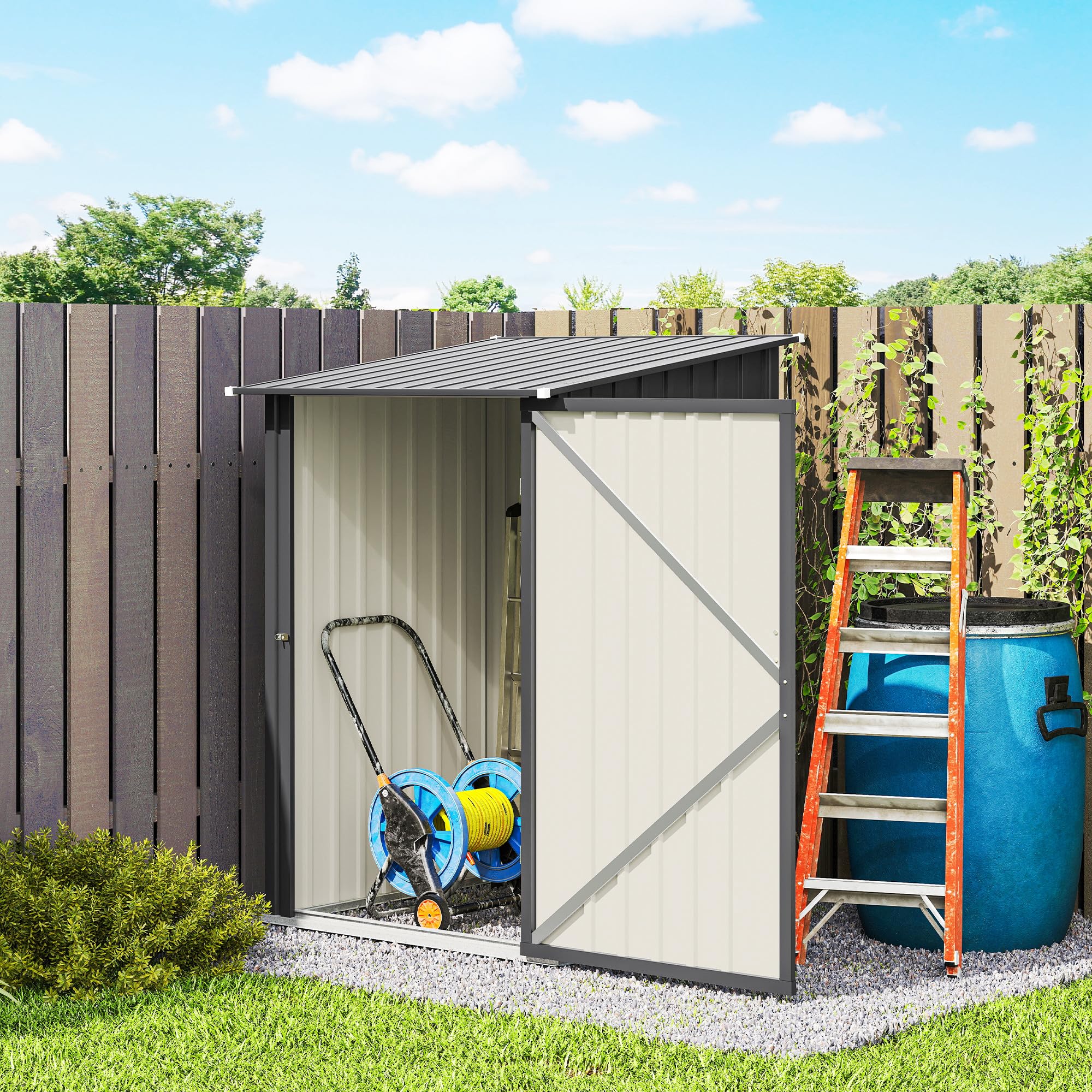 Outsunny Casetta da Giardino 0.92m² in Acciaio Zincato, Capanno Porta Attrezzi con Porta Battente Bloccabile, Tetto Inclinato, 100x104x160 cm, Grigio Scuro