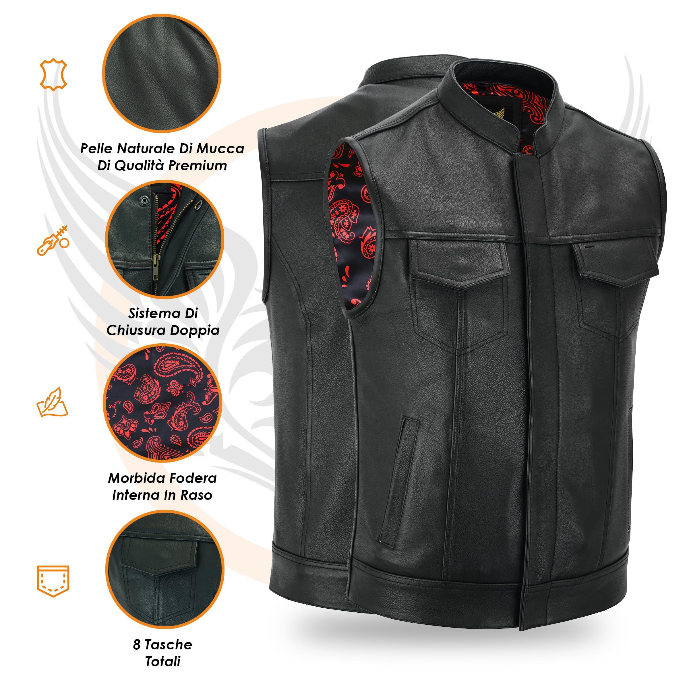 Leatherick Groove Club Gilet Pelle Uomo - Fodera In Raso Paisley Tradizionale Con Cuciture Nere