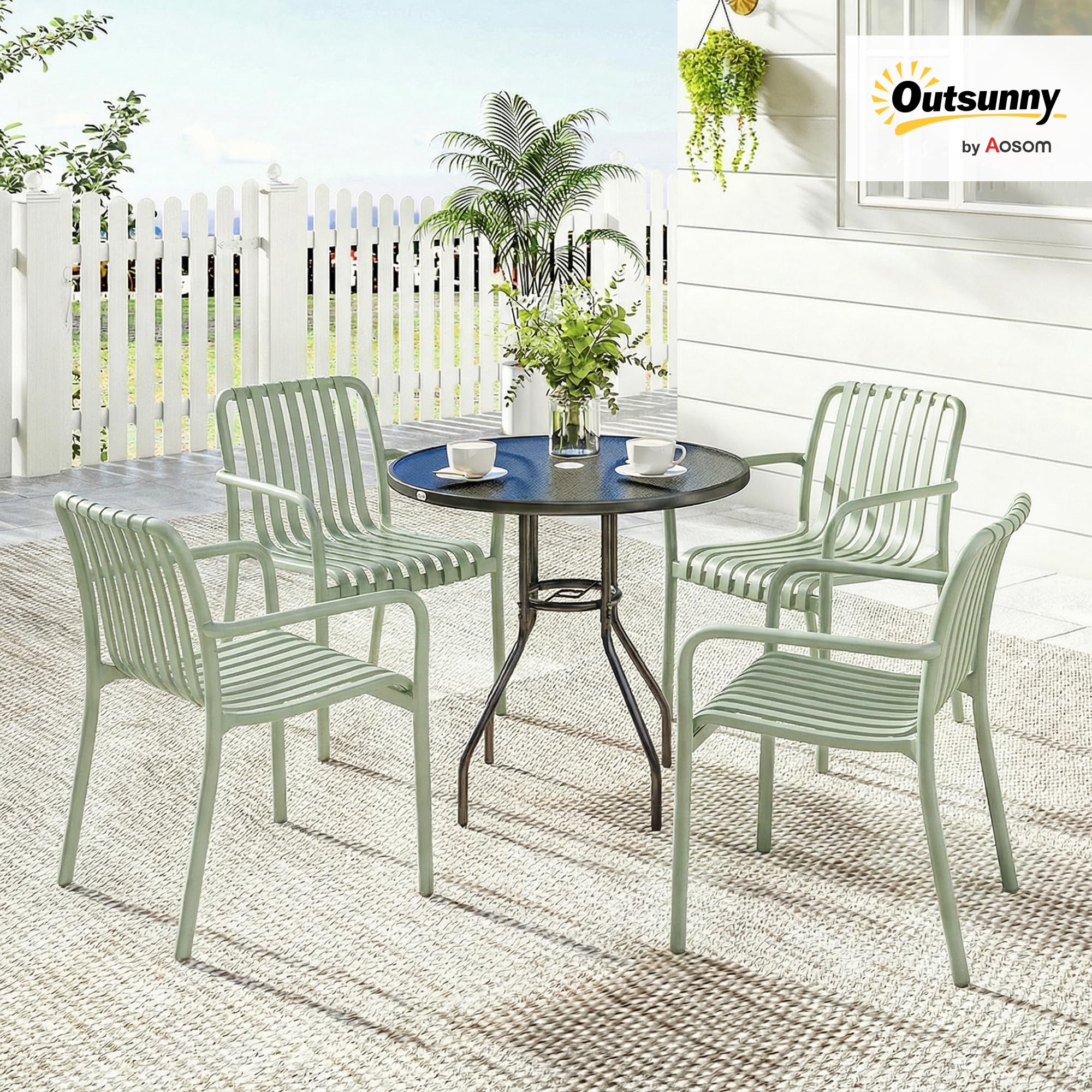 Outsunny Lot de 4 Chaises de Jardin Empilables en Polypropylène Anti-UV - Fauteuil de Terrasse avec Accoudoirs et Dossier à Lattes Ergonomique - Chaises de Salle à Manger Extérieures, Gris Vert