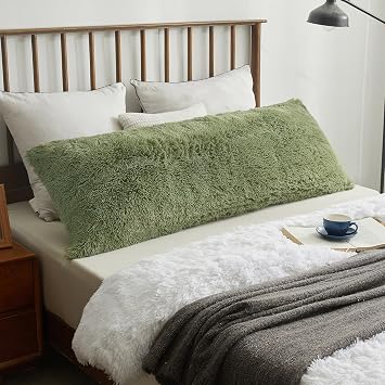 XeGe Long Fluffy Bolster Pillowcase, Faux Fur Body Pillow Cover with Zipper Closure, Plush Furry Standard Bolster Pillow Case for Pregnant Maternity Women Side Sleeper, 4.6ft, Sage Green