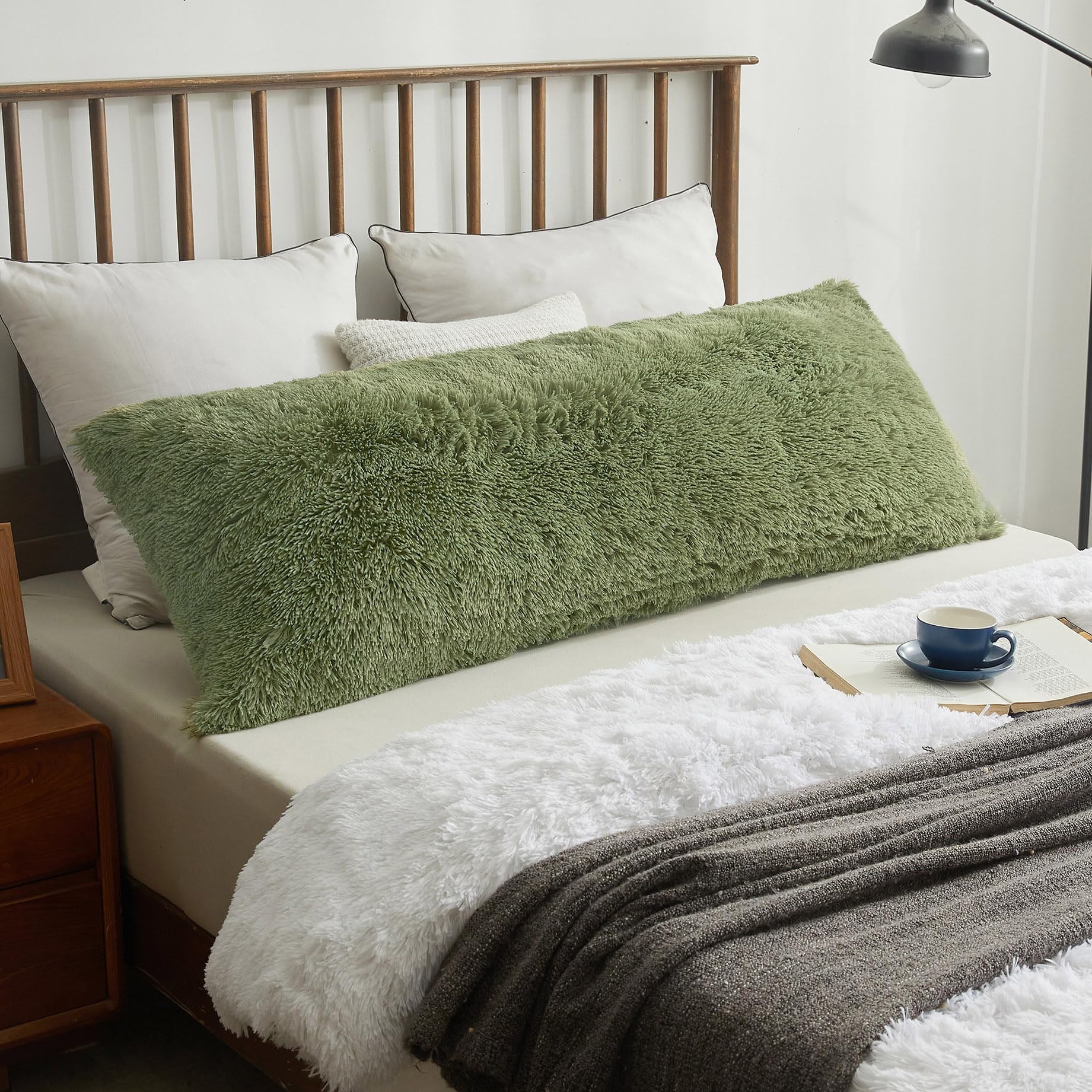 XeGe Long Fluffy Bolster Pillowcase, Faux Fur Body Pillow Cover with Zipper Closure, Plush Furry Standard Bolster Pillow Case for Pregnant Maternity Women Side Sleeper, 4.6ft, Sage Green