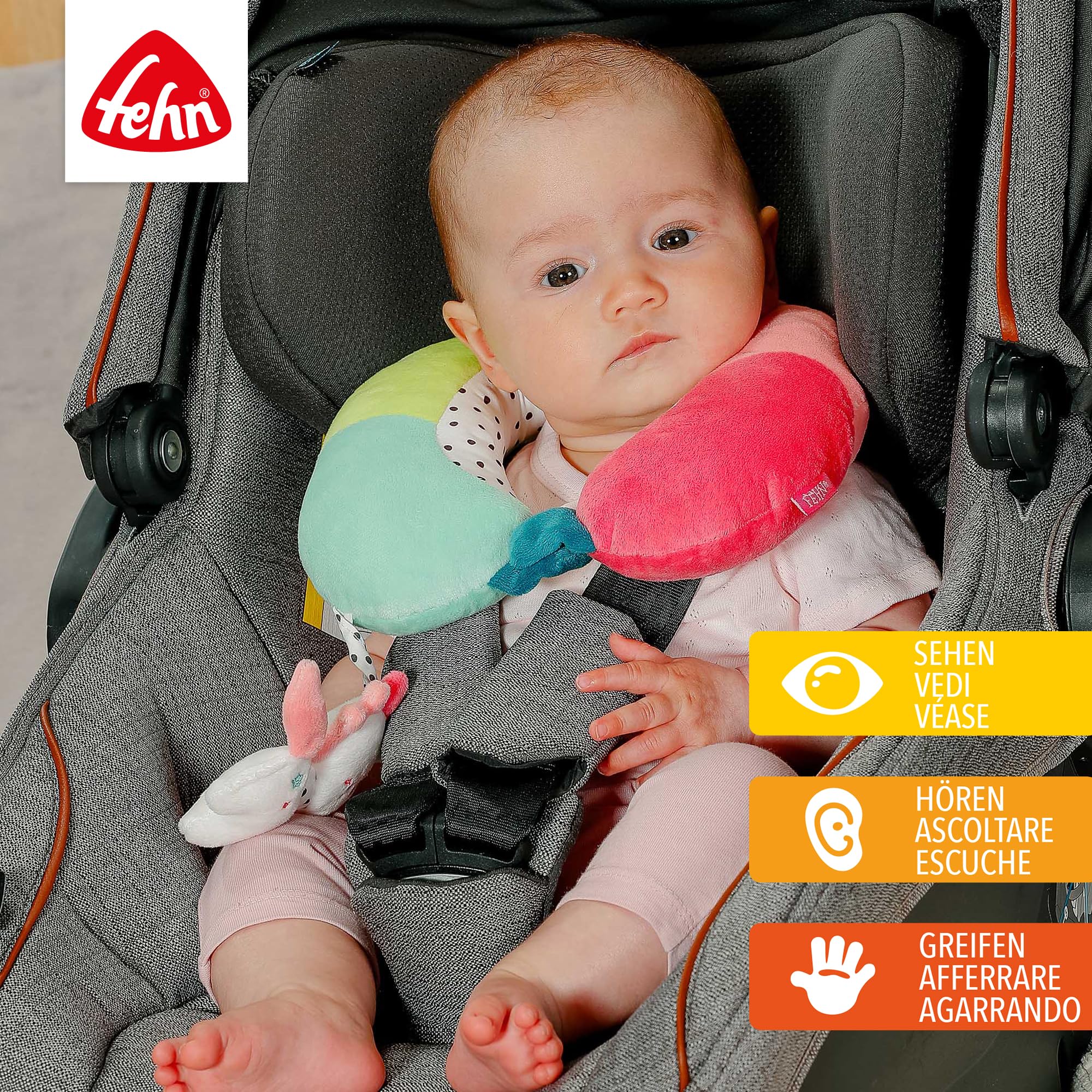 Fehn Almohada Cervical Unicornio, reposacabezas ergonómico con un simpático Animal sonajero Unicornio, para Coche, Cochecito y Silla Infantil, para bebés y niños pequeños a Partir de 6 Meses