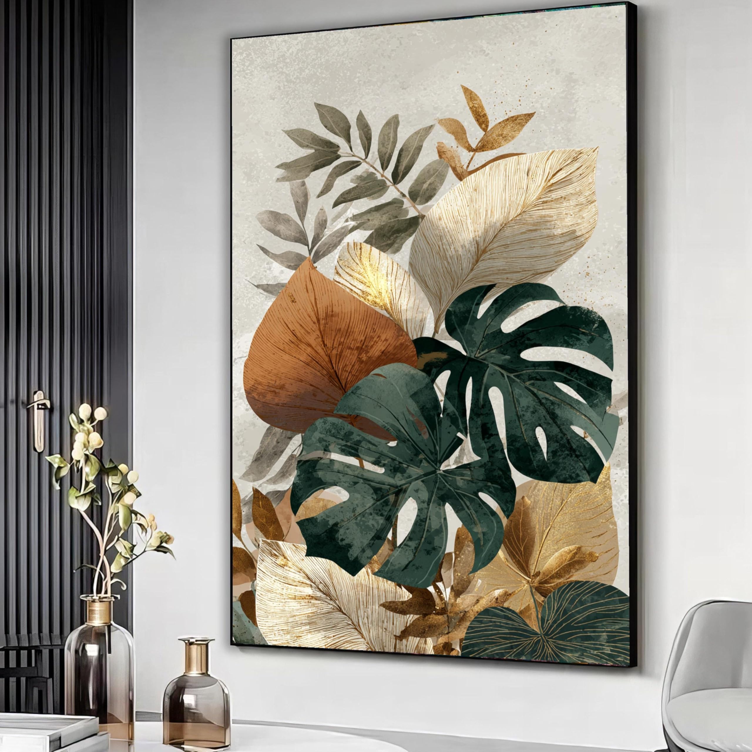 YUSUZHU Leaves Canvas Wall Art, Abstract Botanical Painting, Gold and Green Foliage Print, Nature Decor, Living Room Artwork(50x70cm/Frameless)