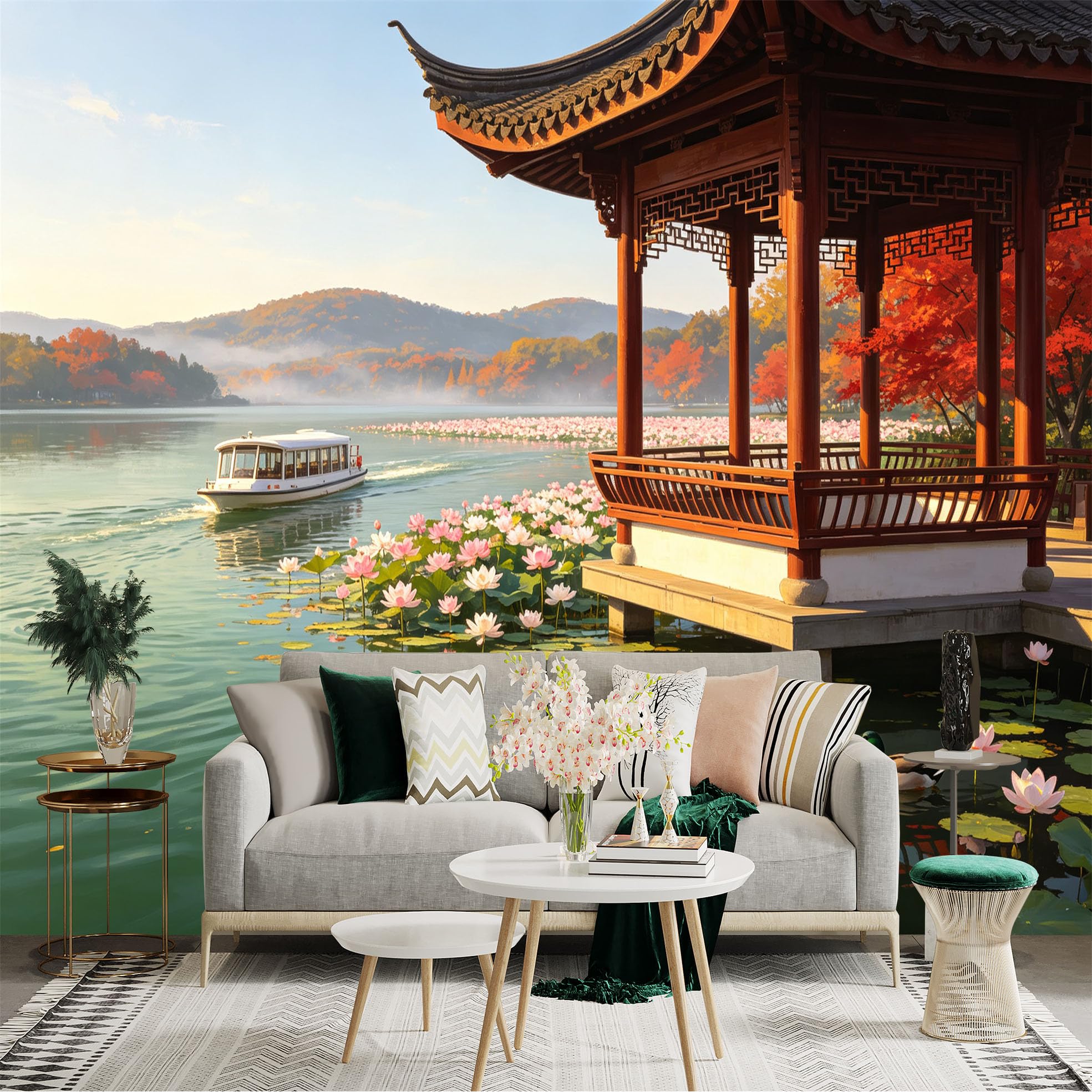 Custom Size Wall Sticker Mural， Traditional Chinese Pavilion， Lotus Pond with Boat， Peaceful Lake Landscape， for wall Decoration， peelandstick wall Decals.