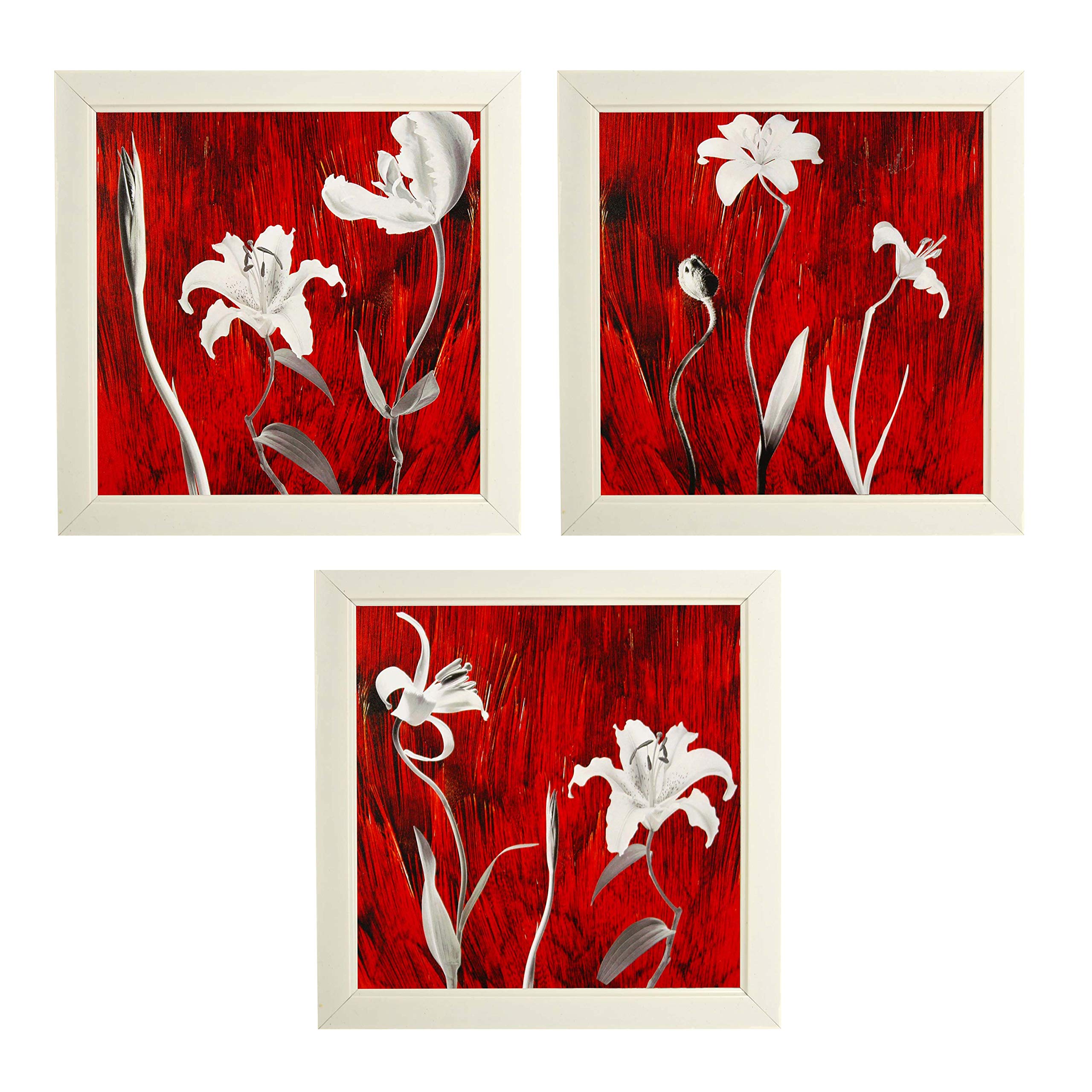 Indianara Set of 3 White Lilies Flowers Framed Wall Hanging Laminated Paintings Matt Art Prints 9 inch x 9 inch each without Glass (2533)