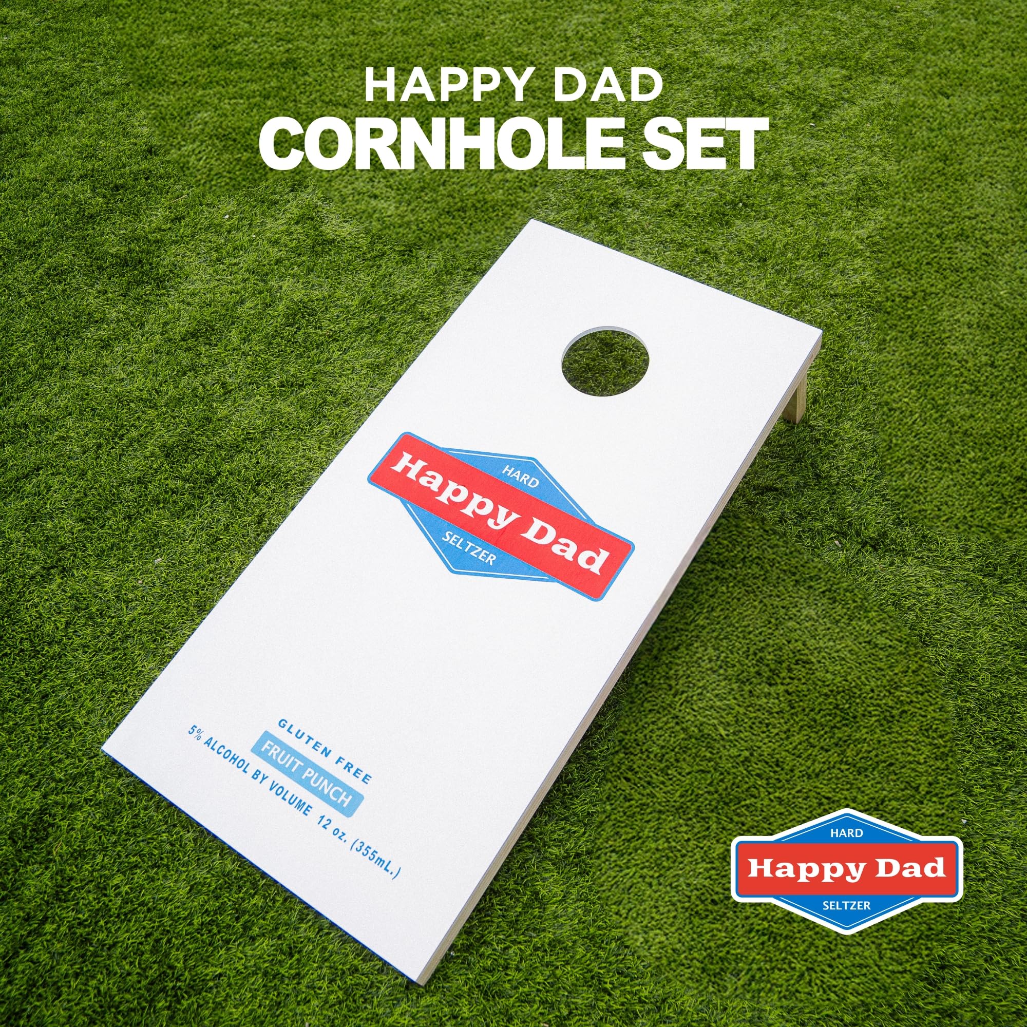 Happy Dad Cornhole Board Set, Cornhole Bags Set of 8, 2 x 4 Plywood Cornhole Boards for Yard & Outdoor Games, Portable Black Carrying Case, Collapsible Legs for Storage, White