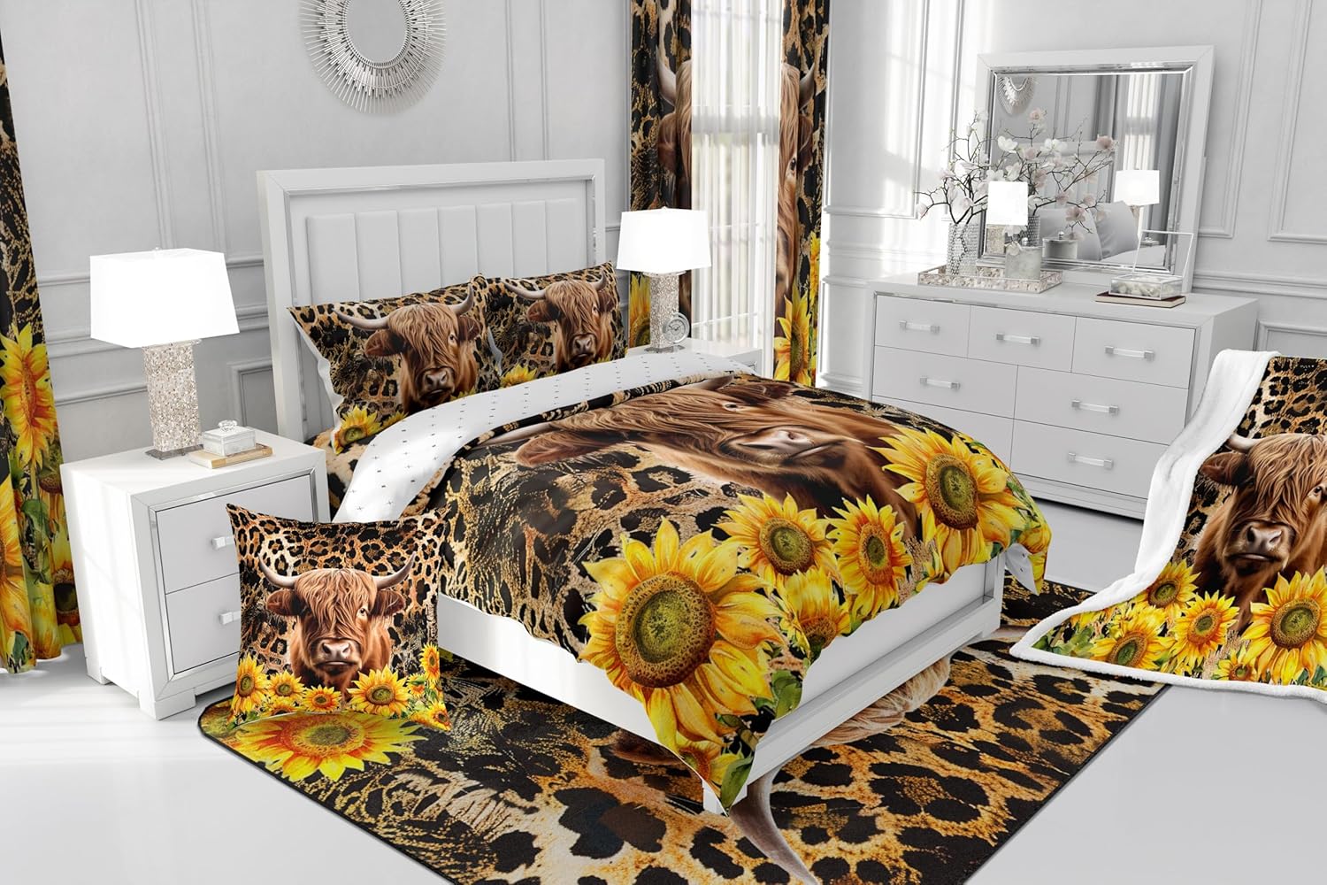 Feelyou Leopard Print Highland Cow Comforter Set Floral Highland Cow Bedding Set Queen Size for Boys Girls Bedroom Bed Decor Brown Cheetah Print Comforter Farmhouse Quilt Set for All Season