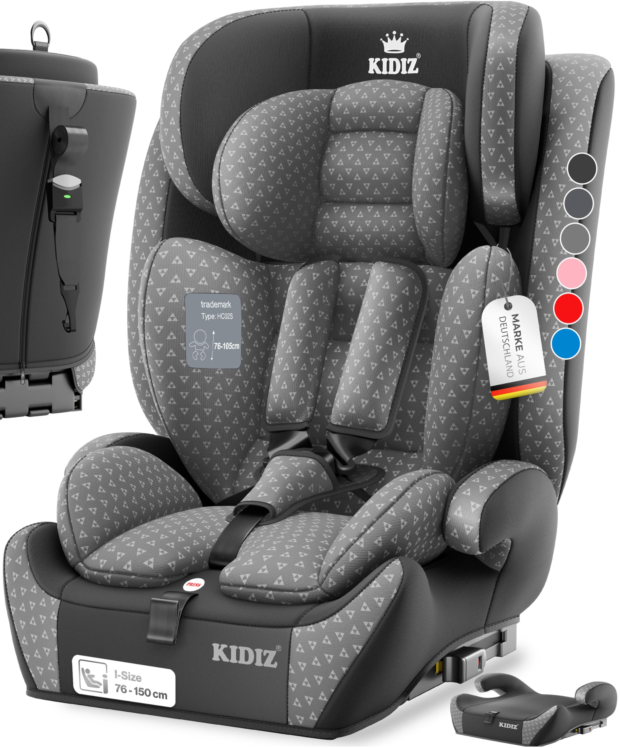 KIDIZ Autokindersitz mit Isofix i-Size R129 100-150cm Gruppe 1/2/3 5-Punkt-Gurt höhenverstellbare Kopfstütze Grau