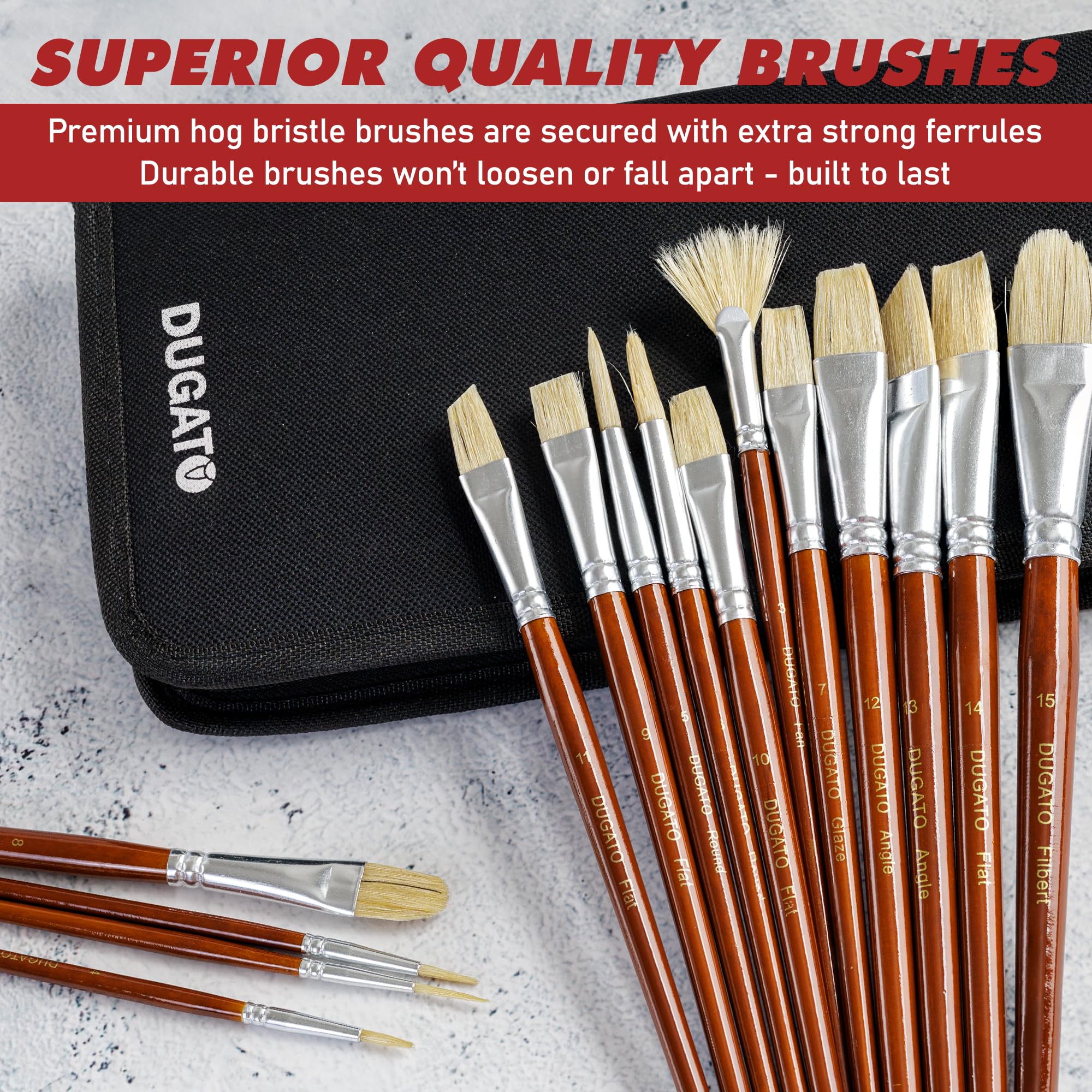 DUGATO - Juego de 15 Pinceles de Pintura al óleo Natural con cerdas de Pelo de Cerdo Blanco Natural, Incluye una Funda de Transporte para Pintura al óleo acrílica, Acuarela y Gouache
