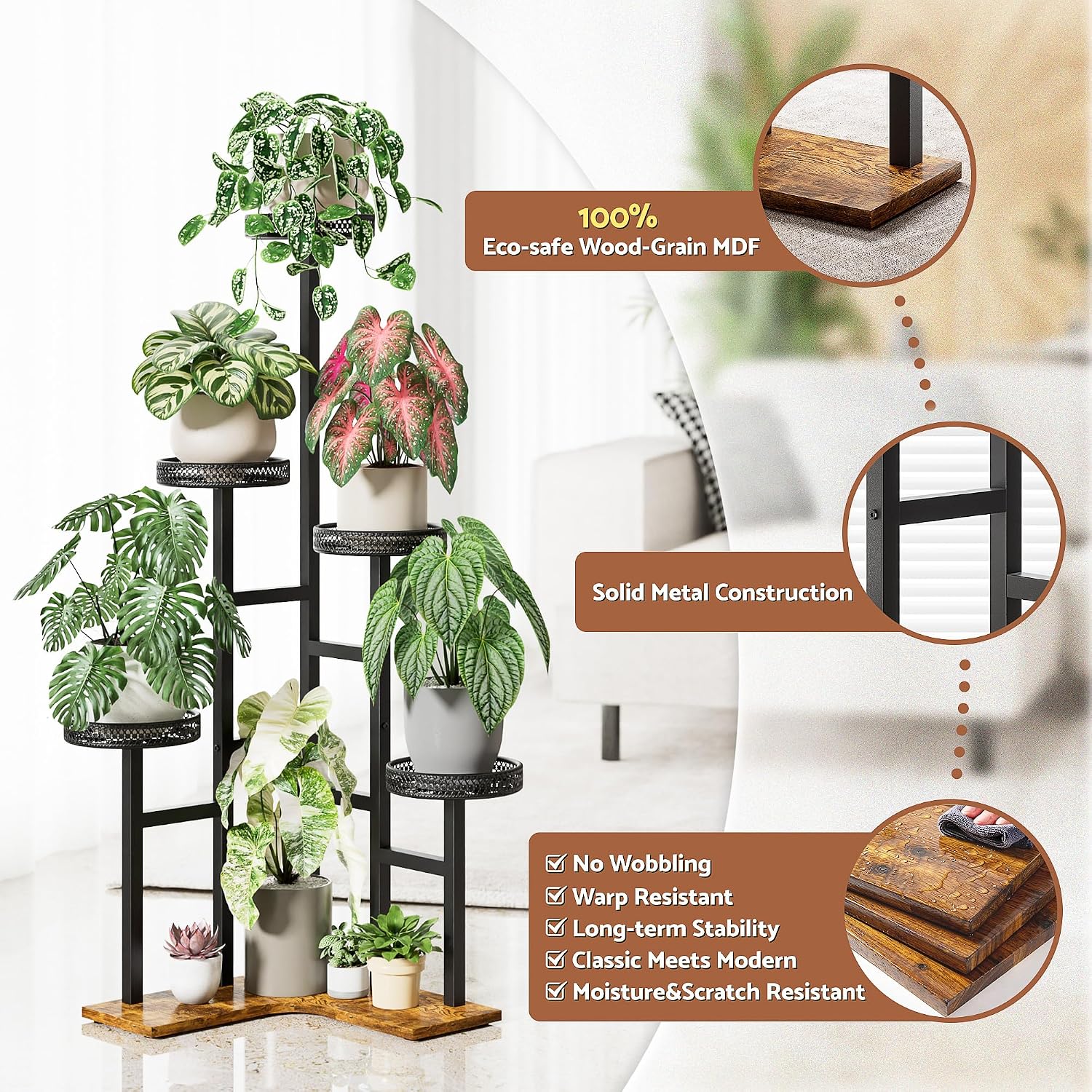 5 Tiered Corner Plant Stands Tall Indoor, Tiered Plant Stand Outdoor,Wood Plant Shelf for Multiple Plants, Wrought Iron Flower Pot Stand, Tall Plant Rack Shelf for House Patio - BlackWave